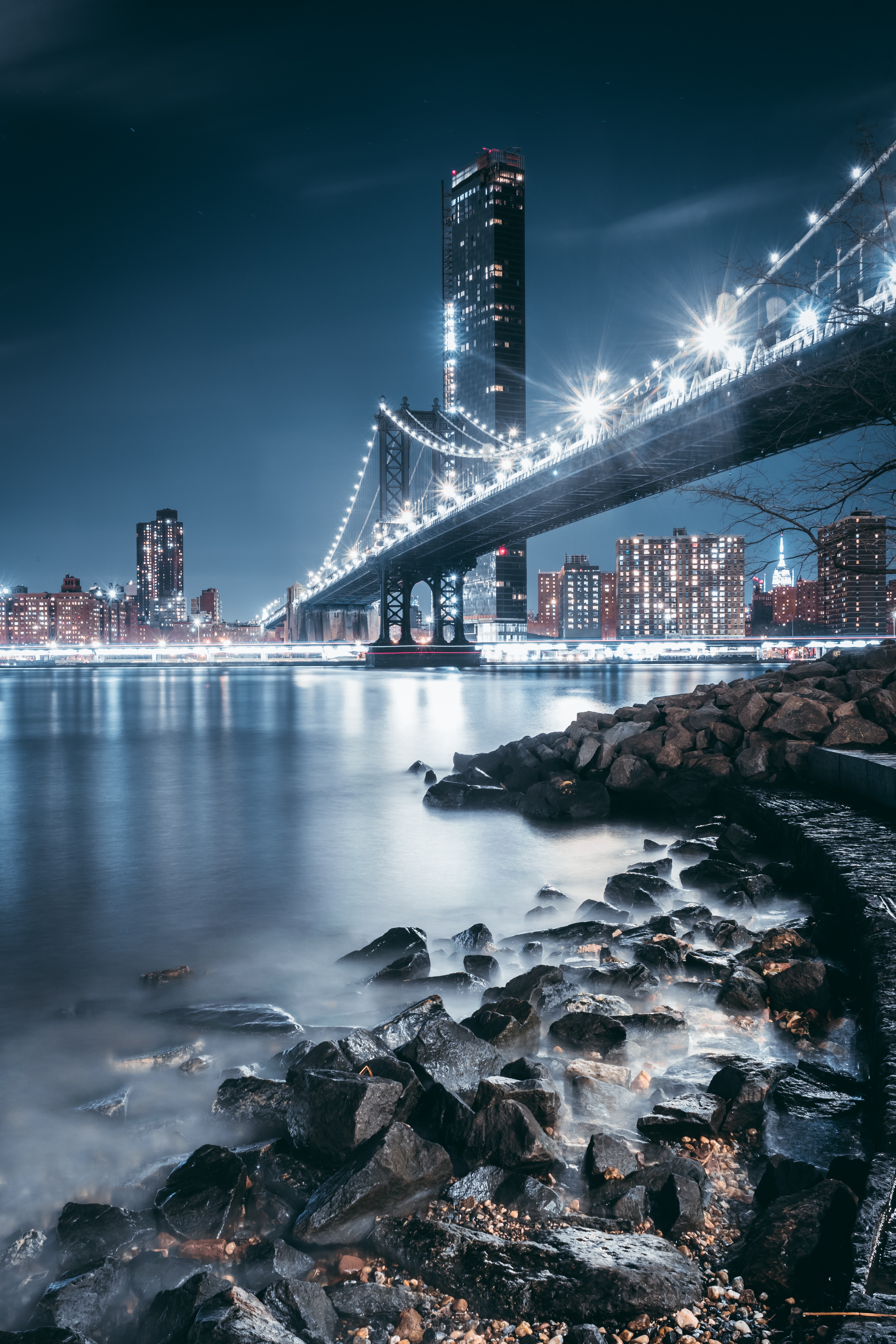 night city, shore, cities, stones, bank, city lights, bridge High Definition image