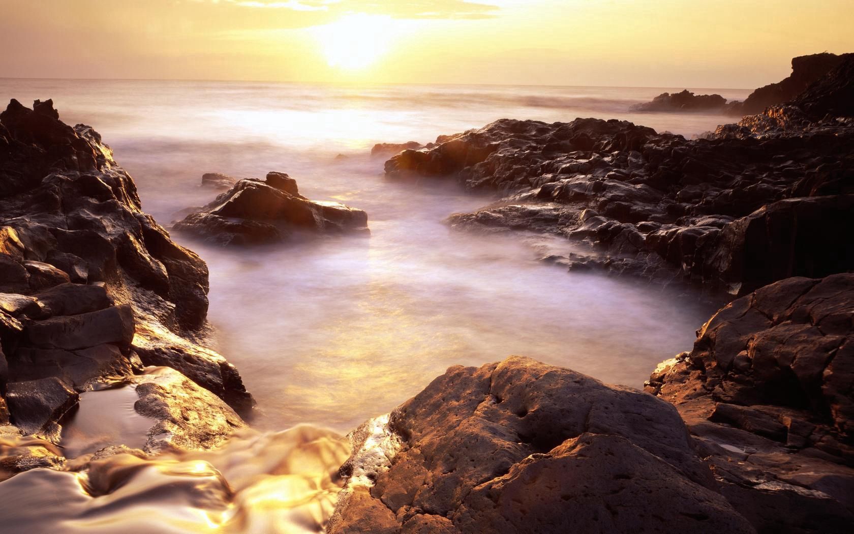 Phone Background Full HD rocky shore, evaporation, stony coast, sun