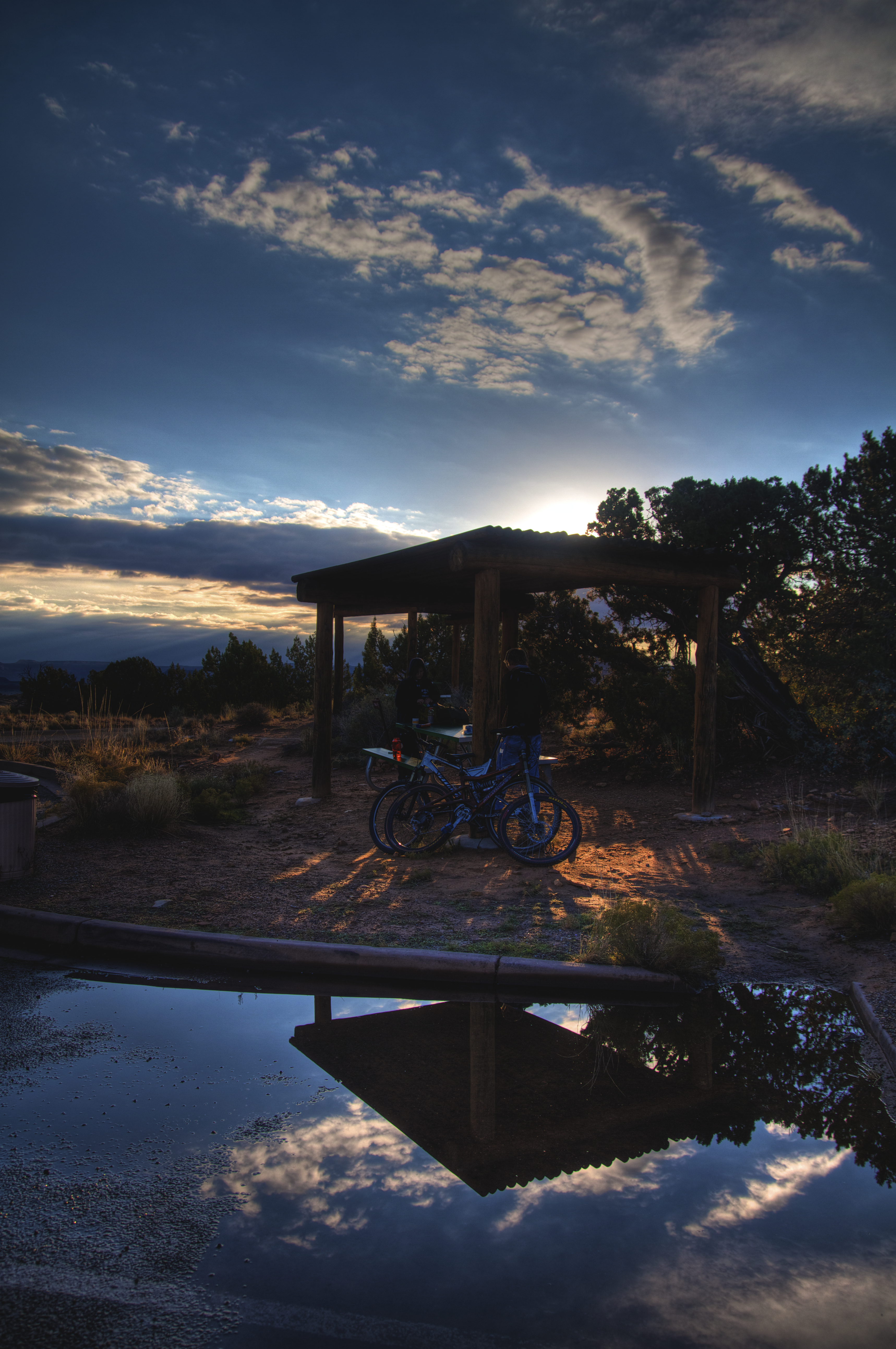 nature, sunset, bicycles, journey, utah, parking, puddle, alcove, bower