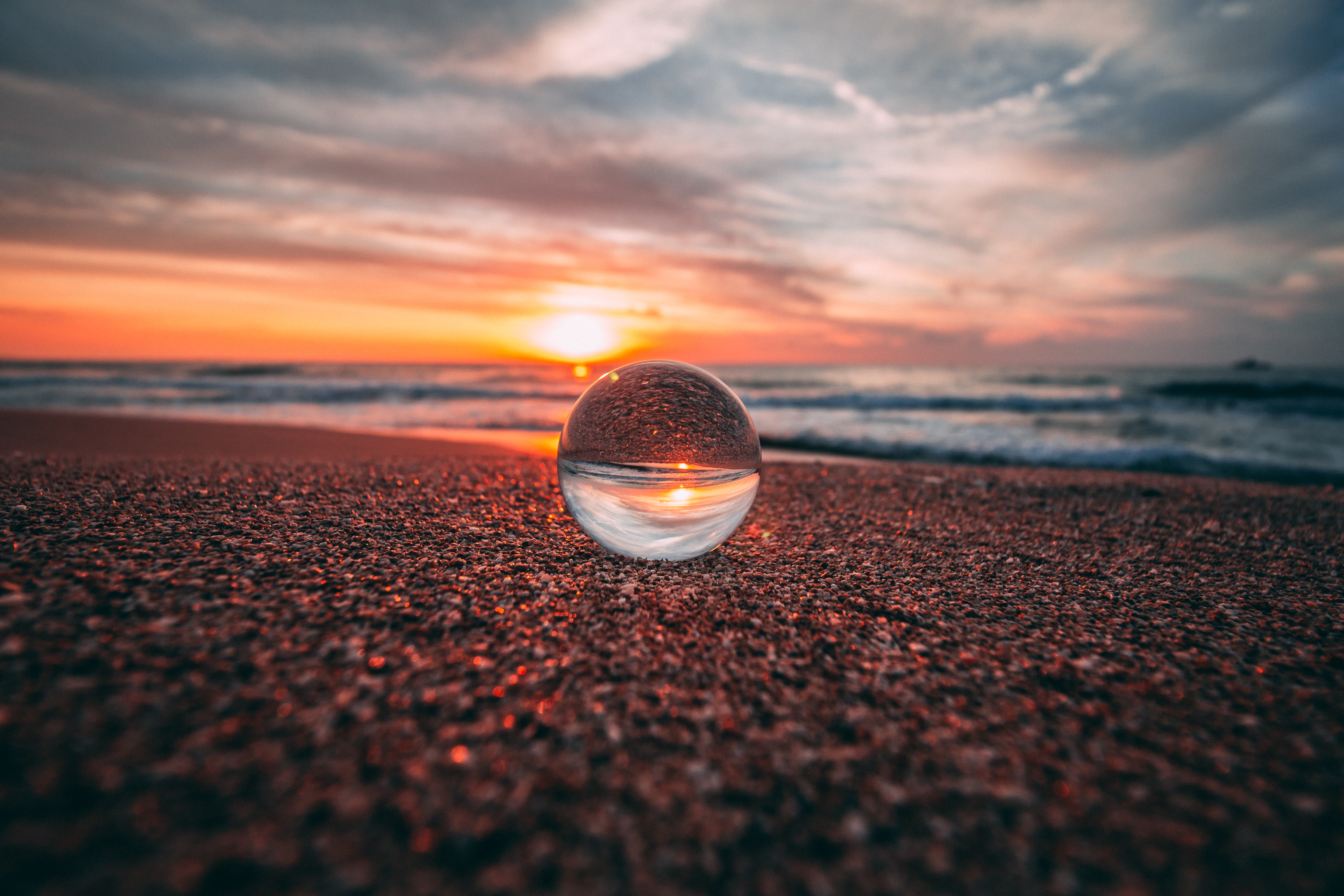 ball, shore, sunset, sea, reflection, bank, macro, glass
