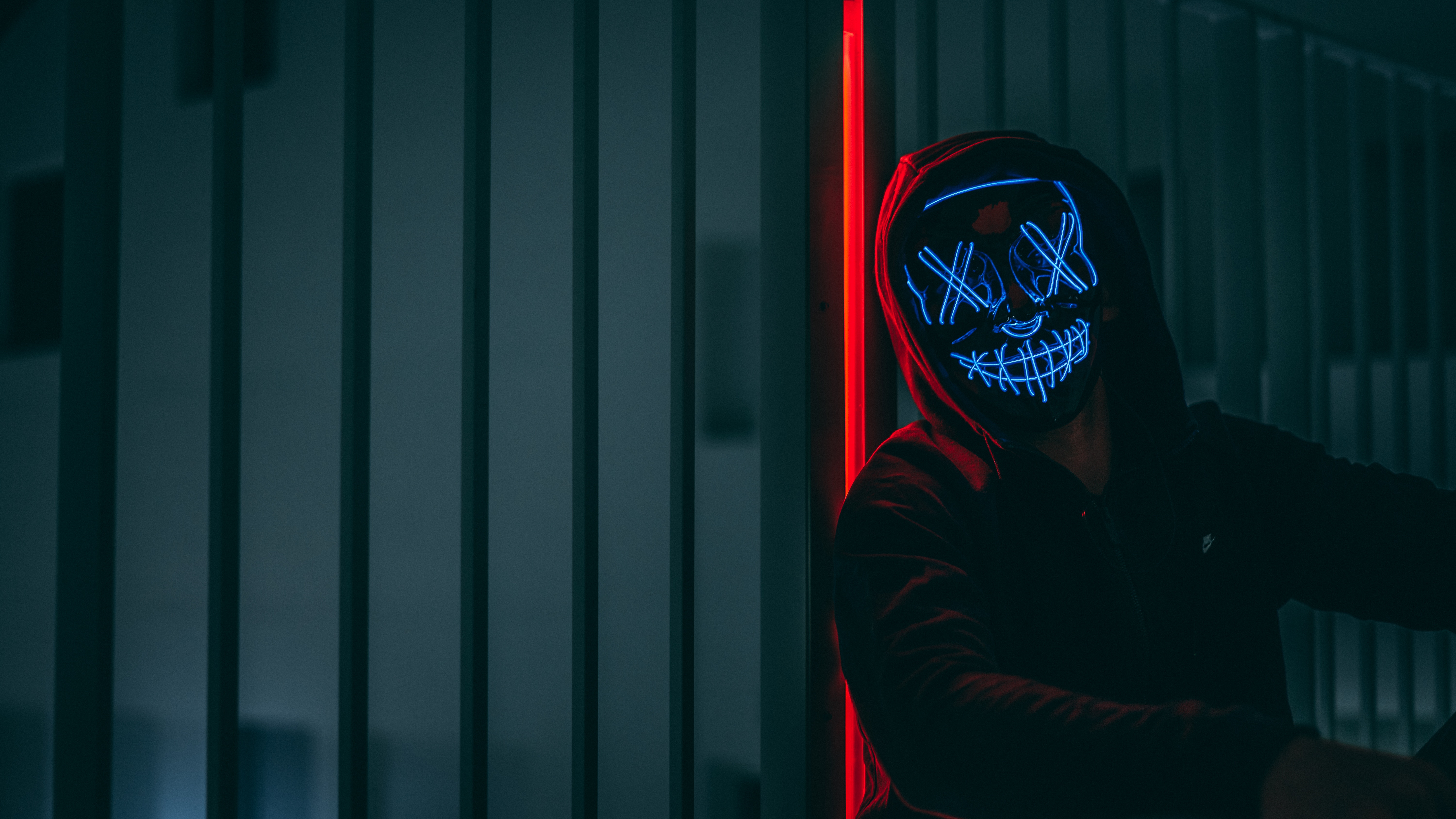 neon, dark, glow, mask, anonymous, hood 4K Ultra