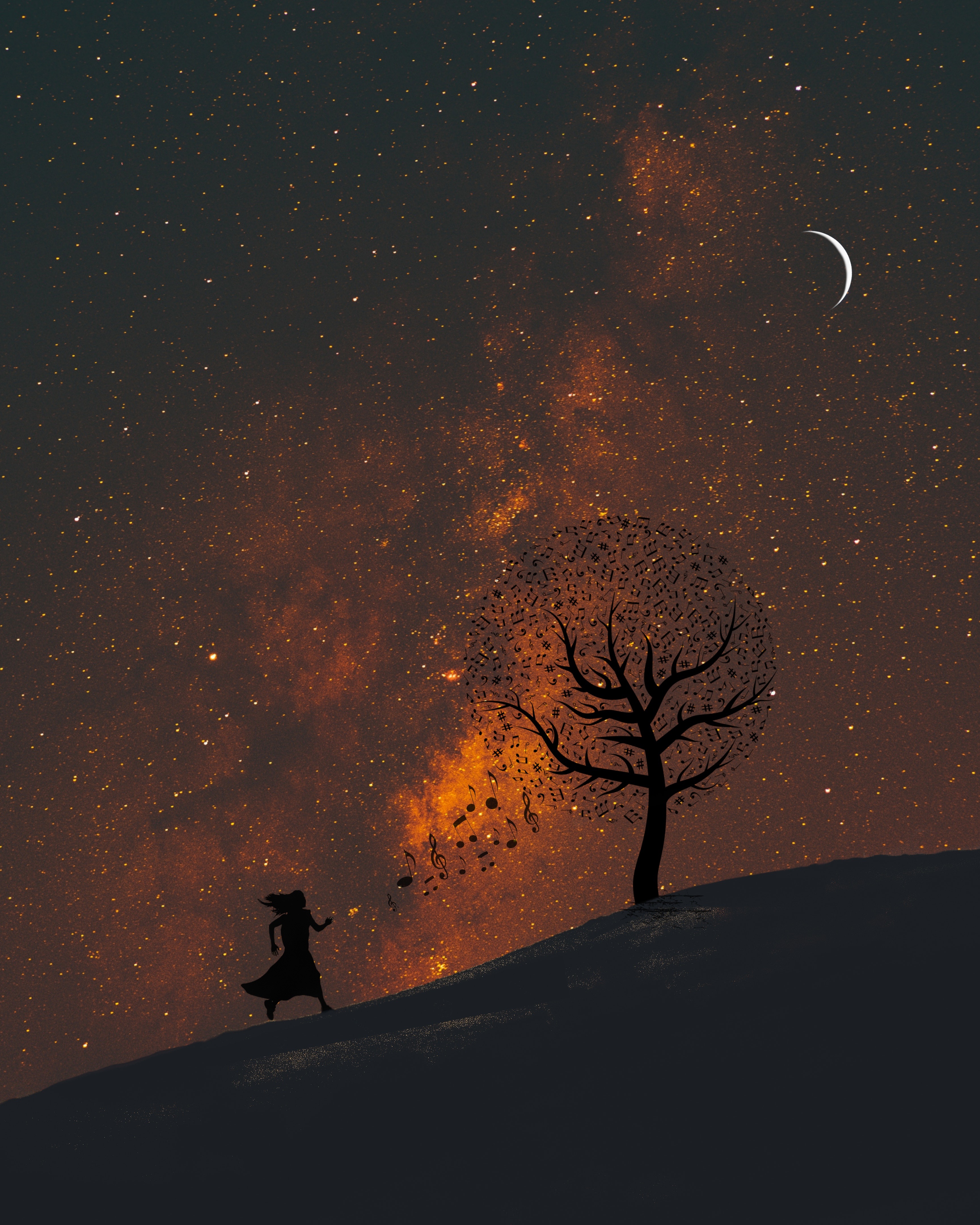 wallpapers music, art, silhouette, wood, tree, starry sky, notes