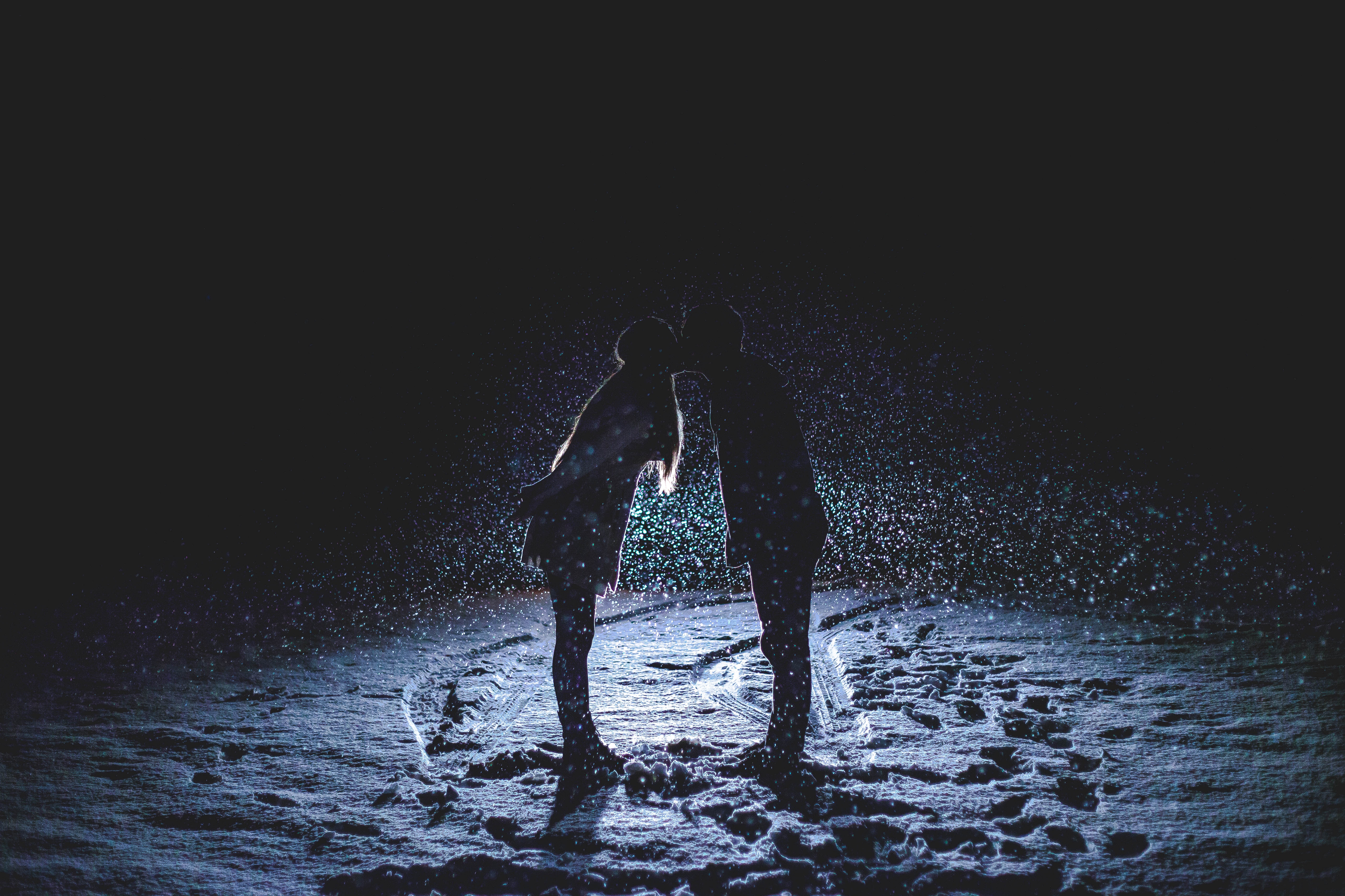 couple, love, night, pair, kiss, snowfall phone background