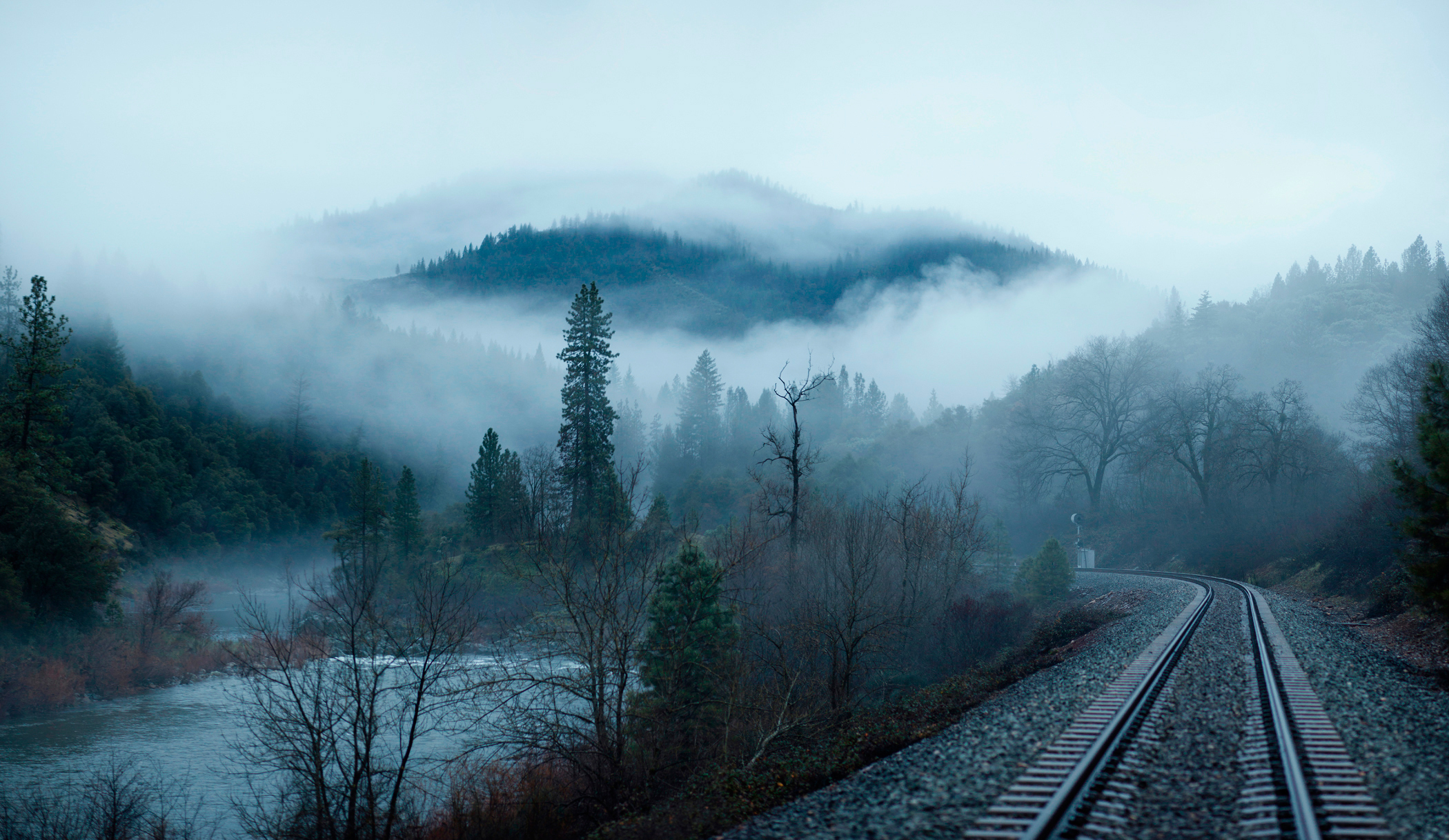 83200 download wallpaper nature, trees, mountains, lake, fog, railway screensavers and pictures for free