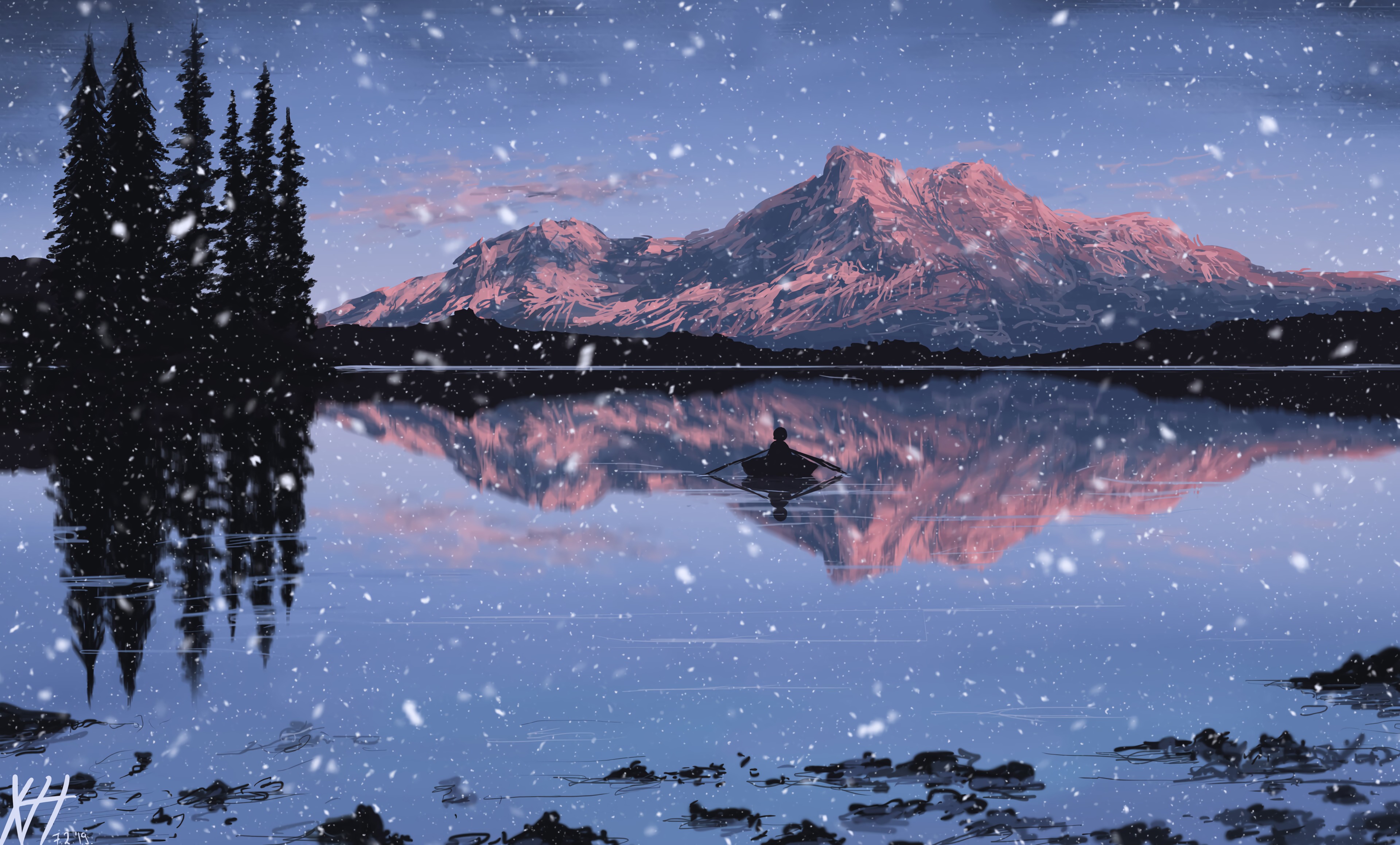 QHD wallpaper snow, reflection, lake, mountains