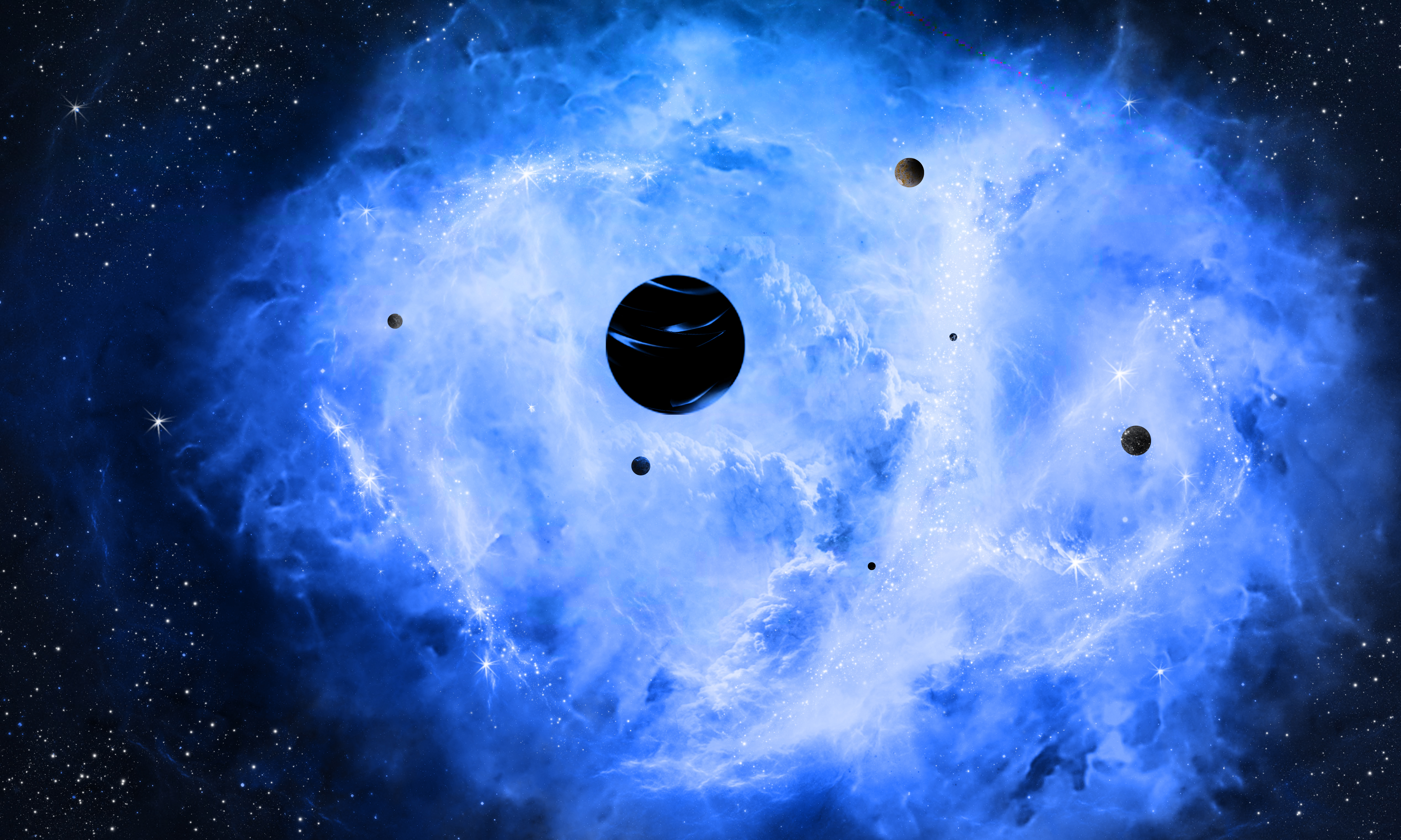 Widescreen image universe, nebula, clouds, planets