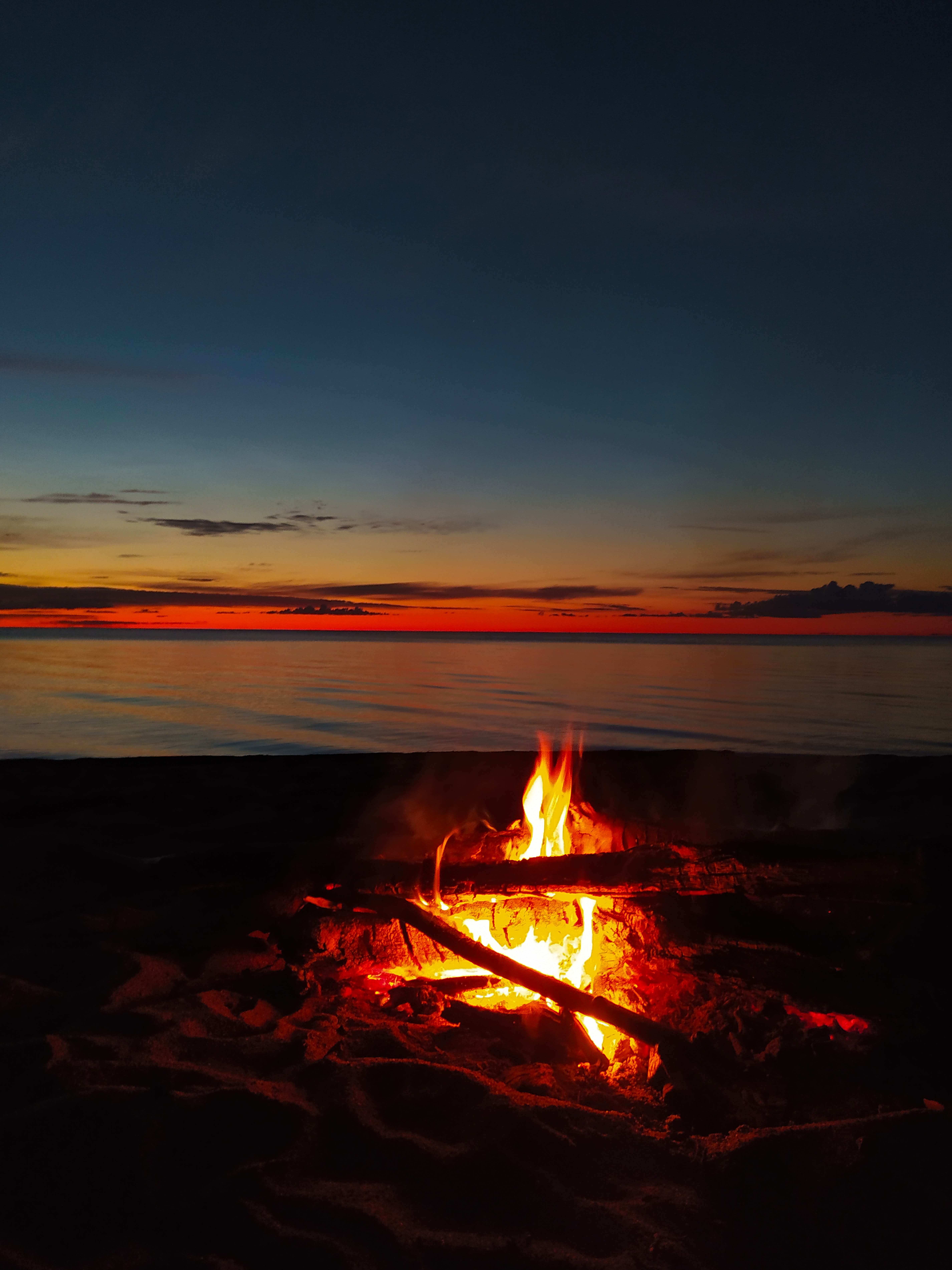 bonfire, firewood, dark, sunset, horizon, flame