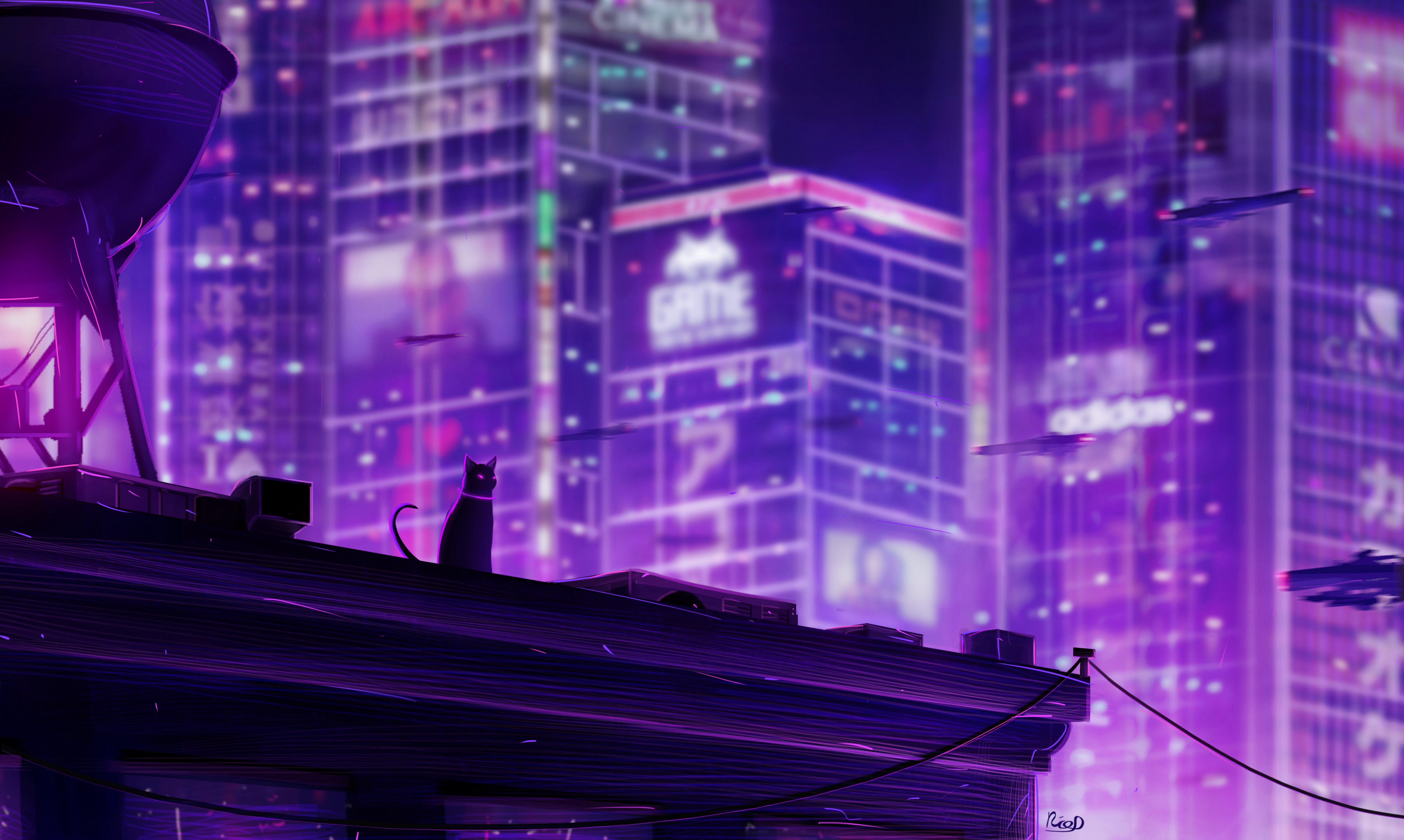 155777 download wallpaper art, city, cat, neon, backlight, illumination, roof, future screensavers and pictures for free