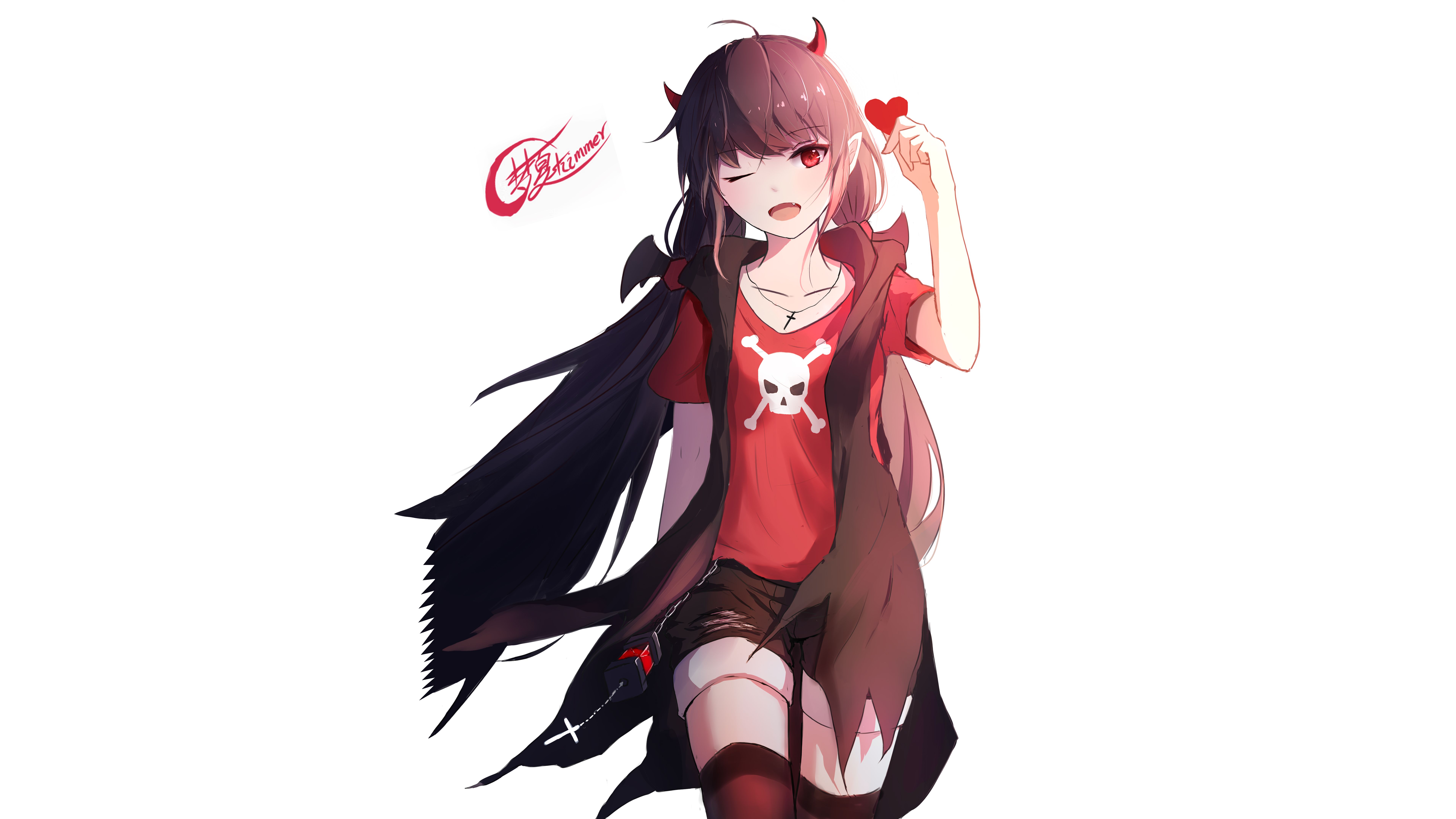 original, anime, black hair, heart, long hair, red eyes, shorts, smile for android