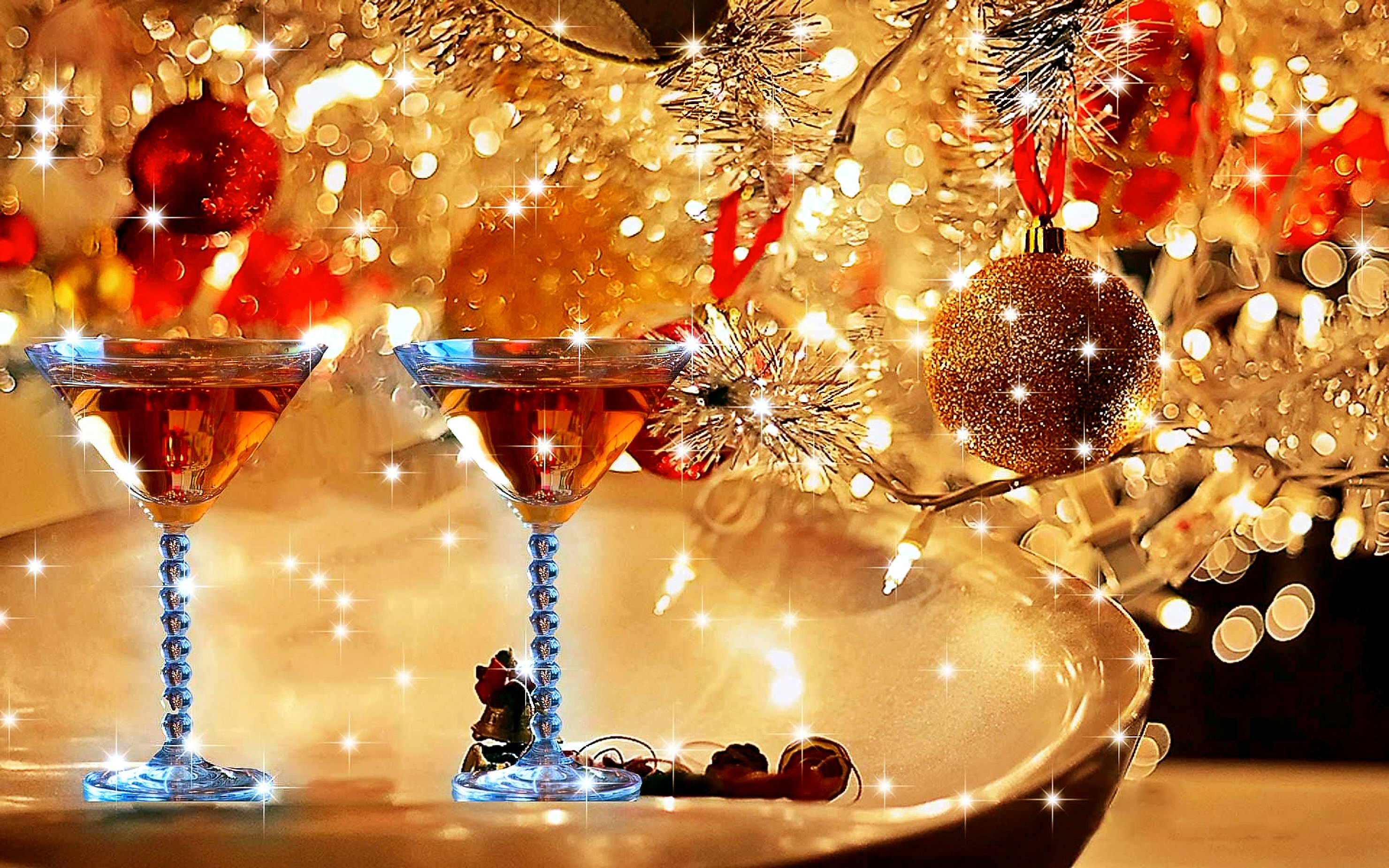 christmas, glass, champagne, christmas ornaments, holiday UHD