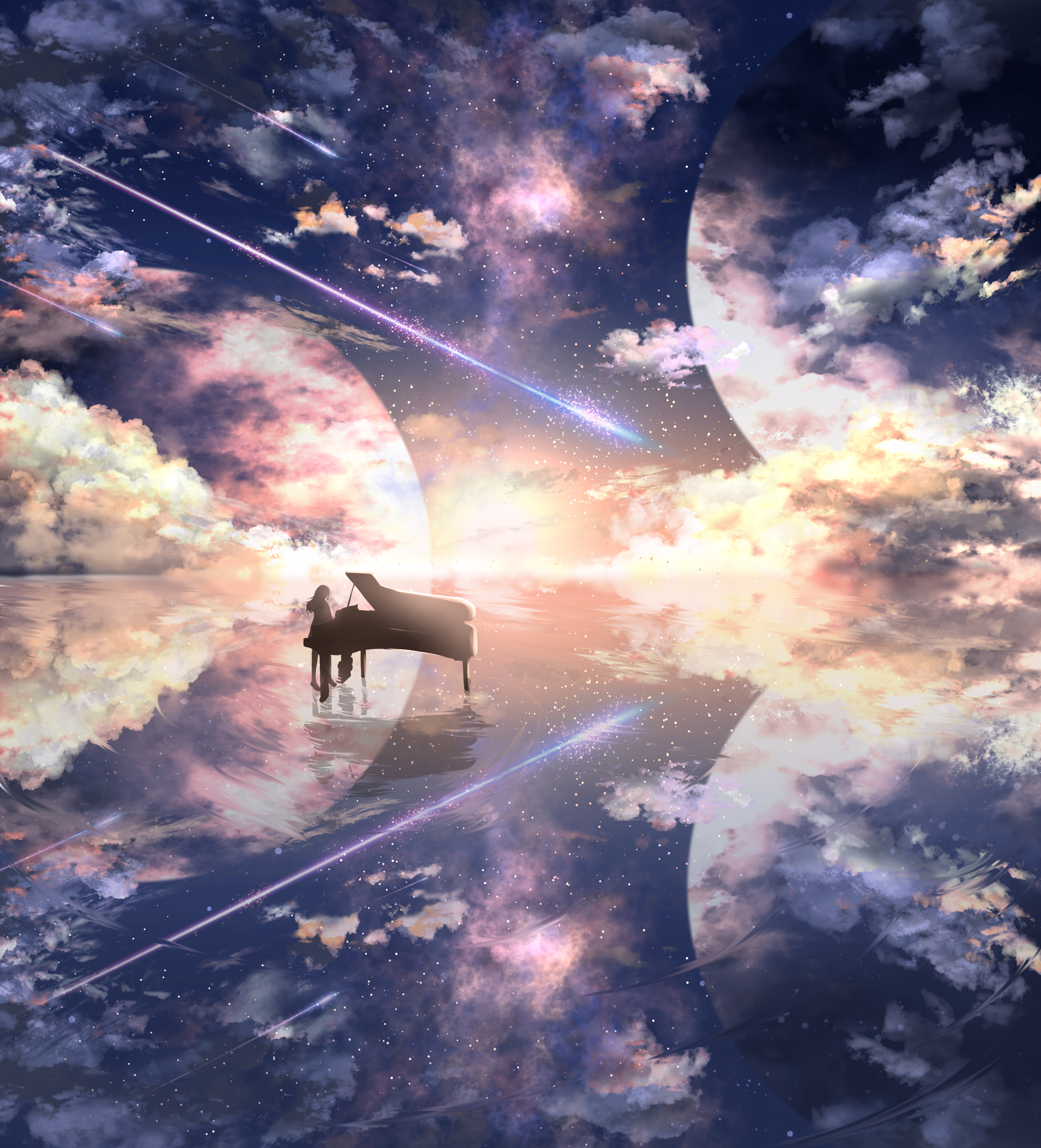 android anime, illusion, piano, universe, silhouette, grand piano
