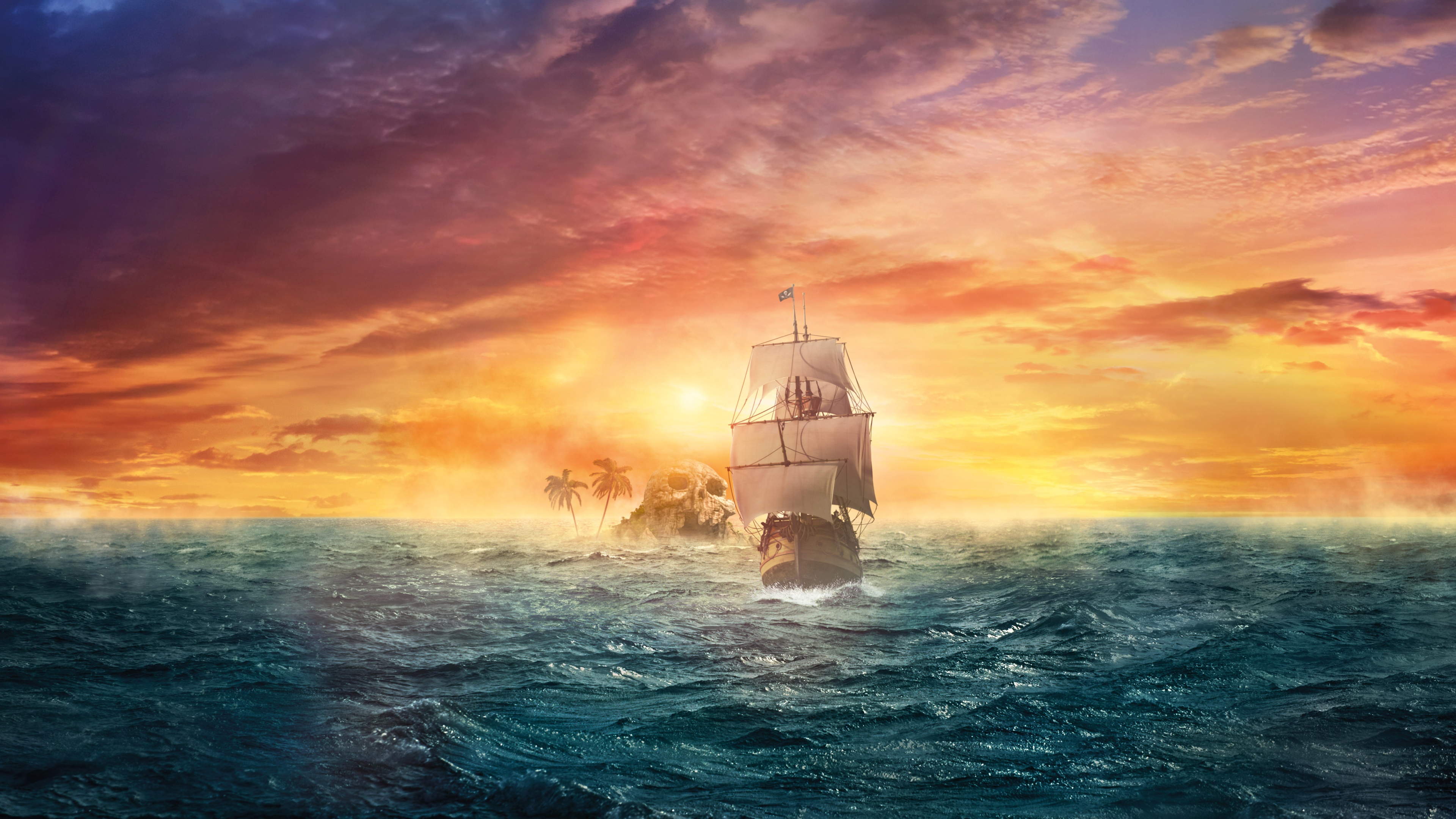sailboat, pirate ship, fantasy, ship, ocean, skull, sunset Full HD