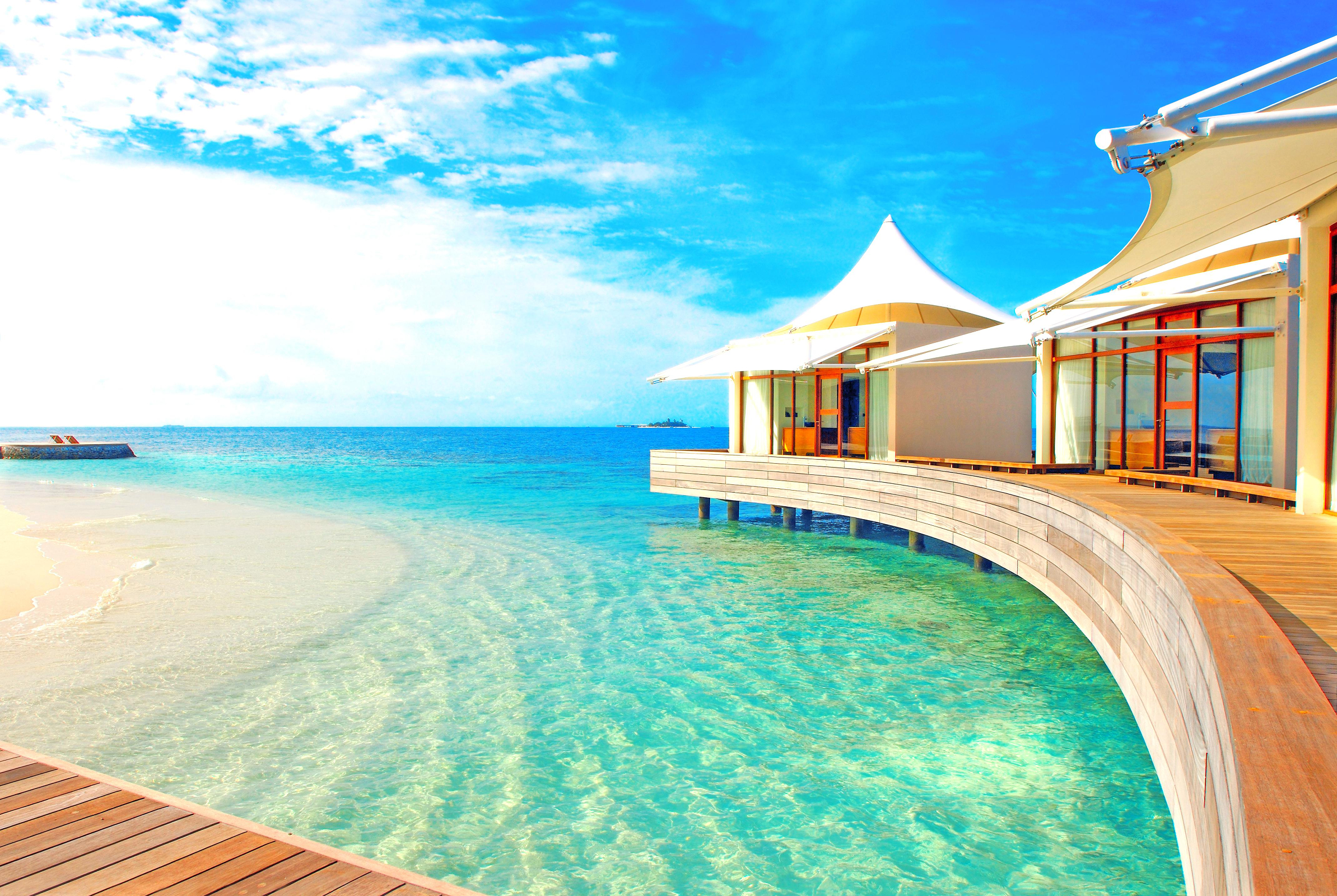 bungalow, luxury, ocean, pool, resort, man made, tropical