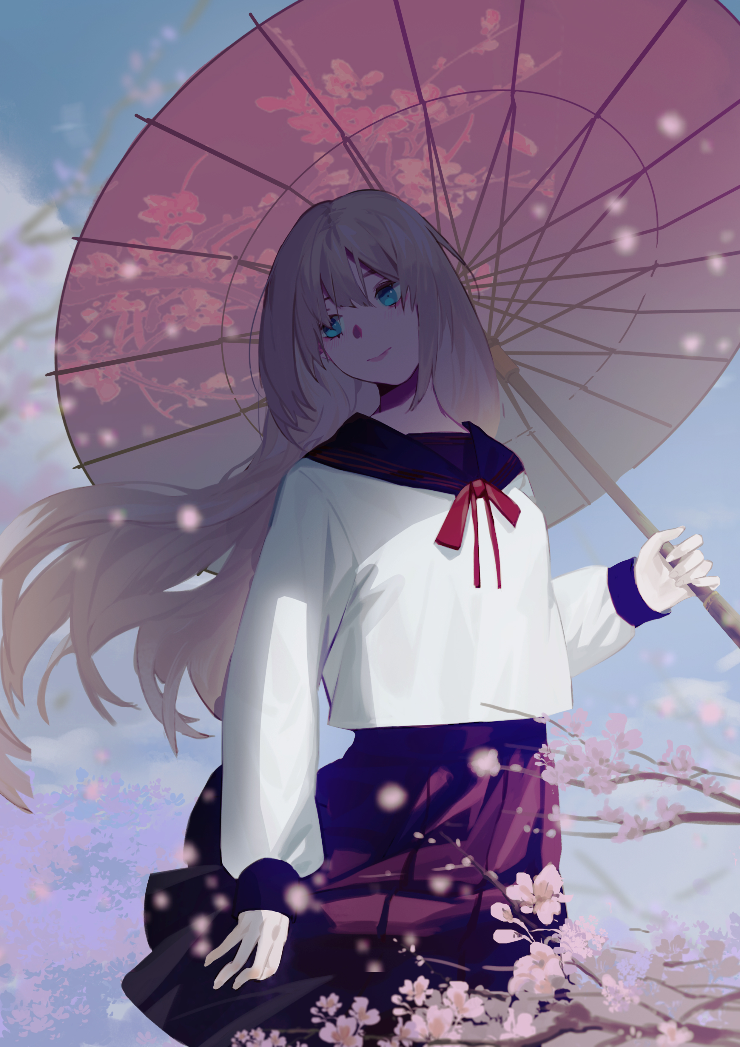 anime, sakura, girl, umbrella