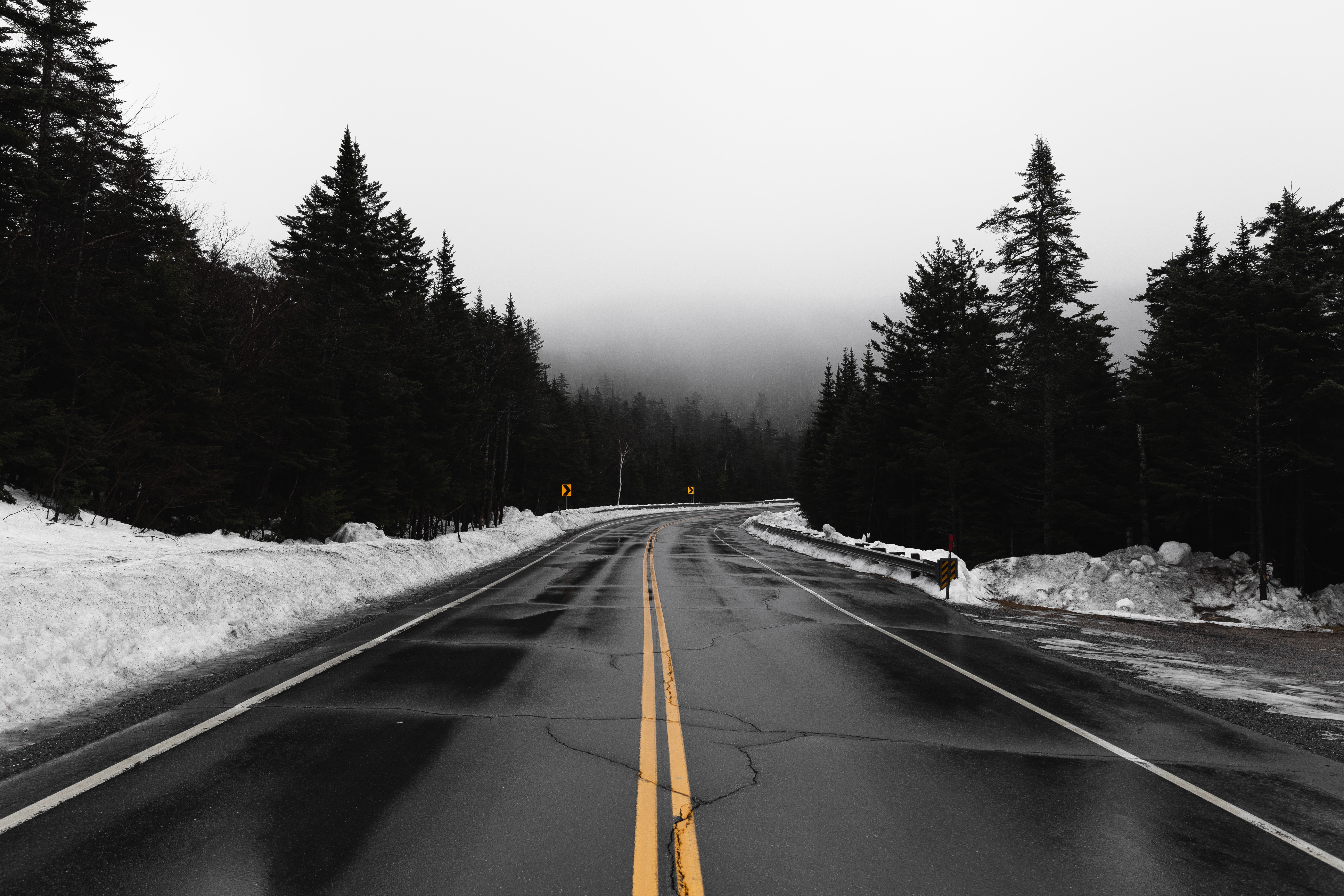 mainly cloudy, overcast, fog, nature, turn, road, snow Aesthetic wallpaper