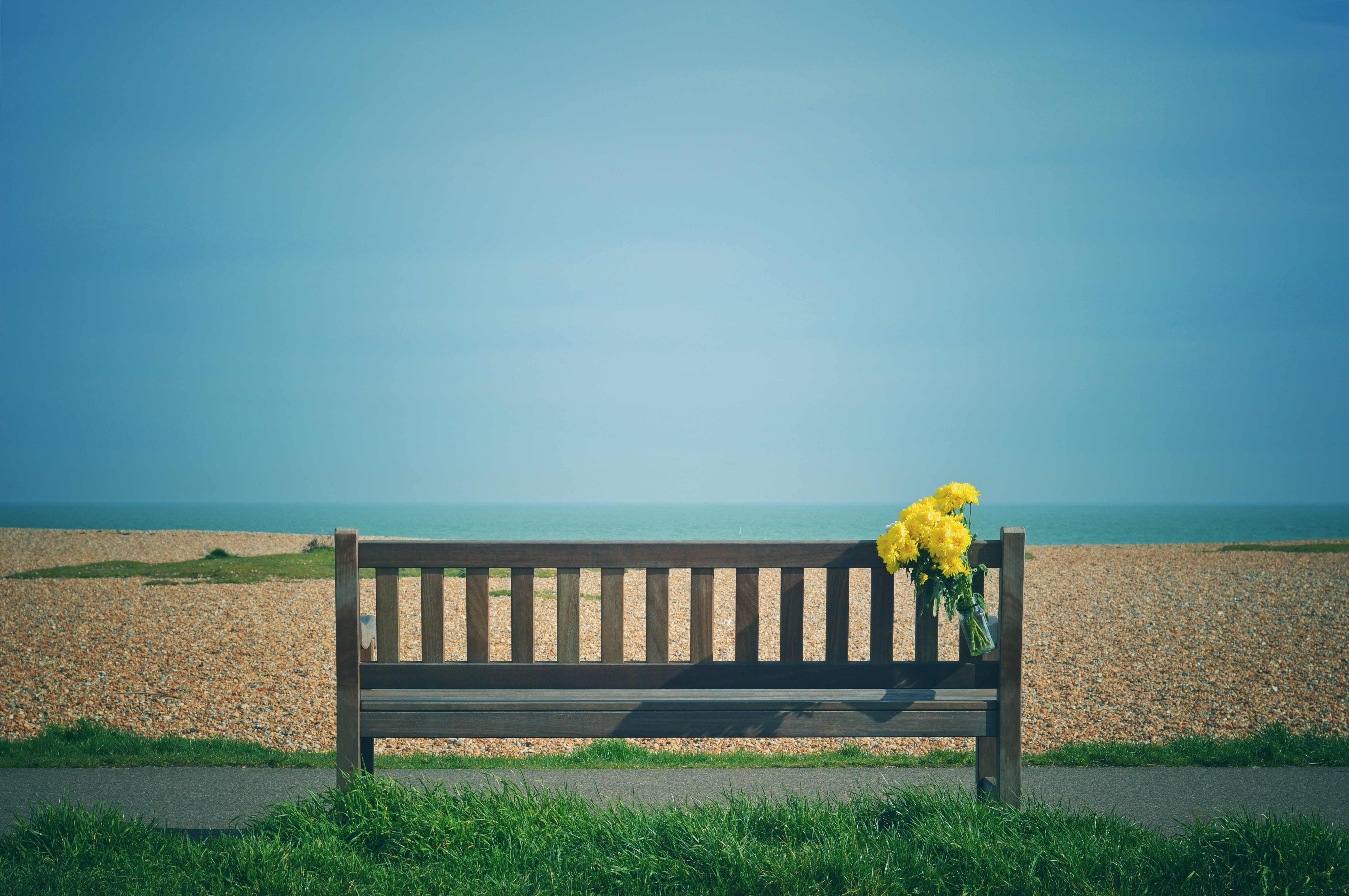 bench, yellow, flowers, beach, miscellanea, miscellaneous, bouquet 5K