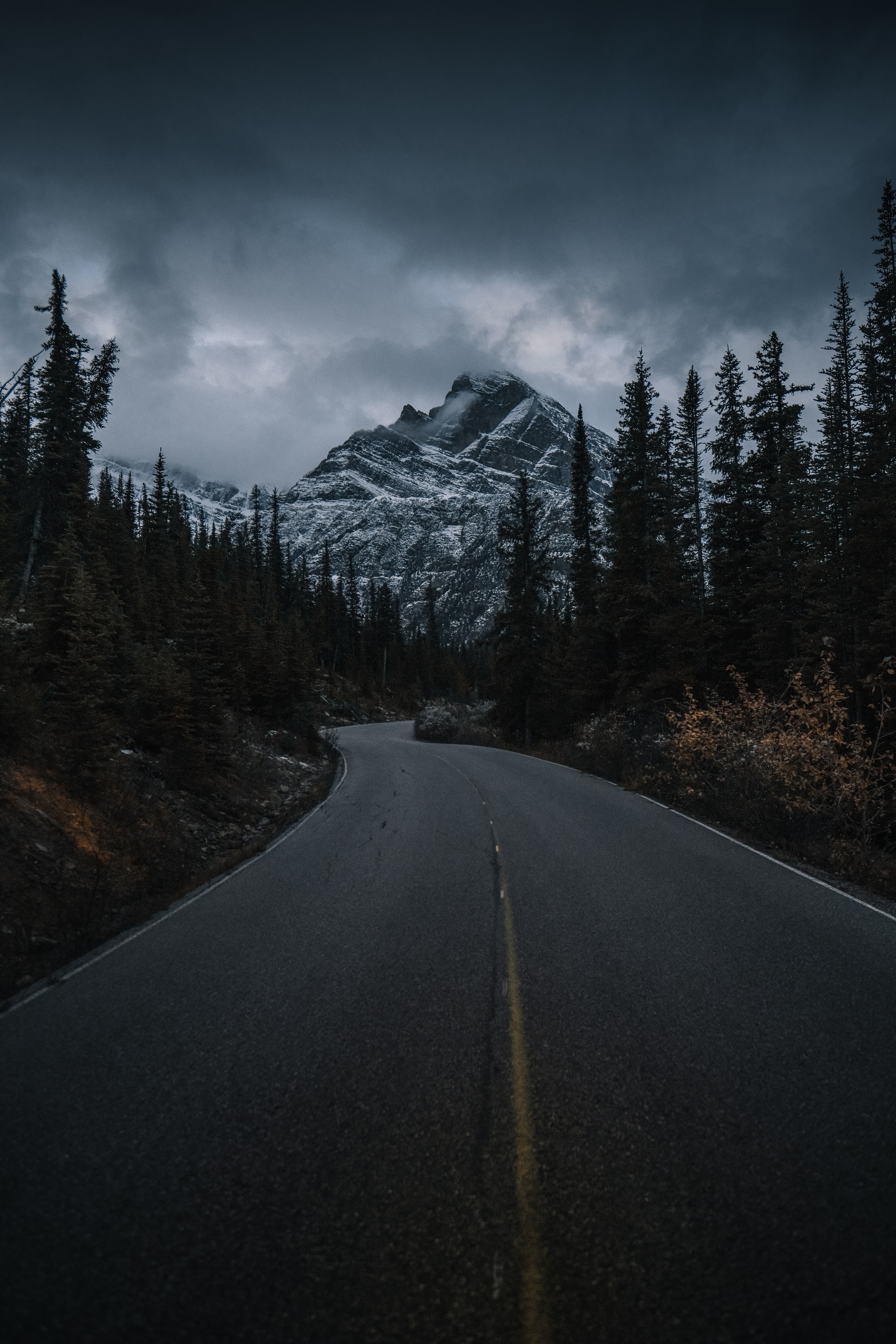 landscape, nature, trees, clouds, mountain, road
