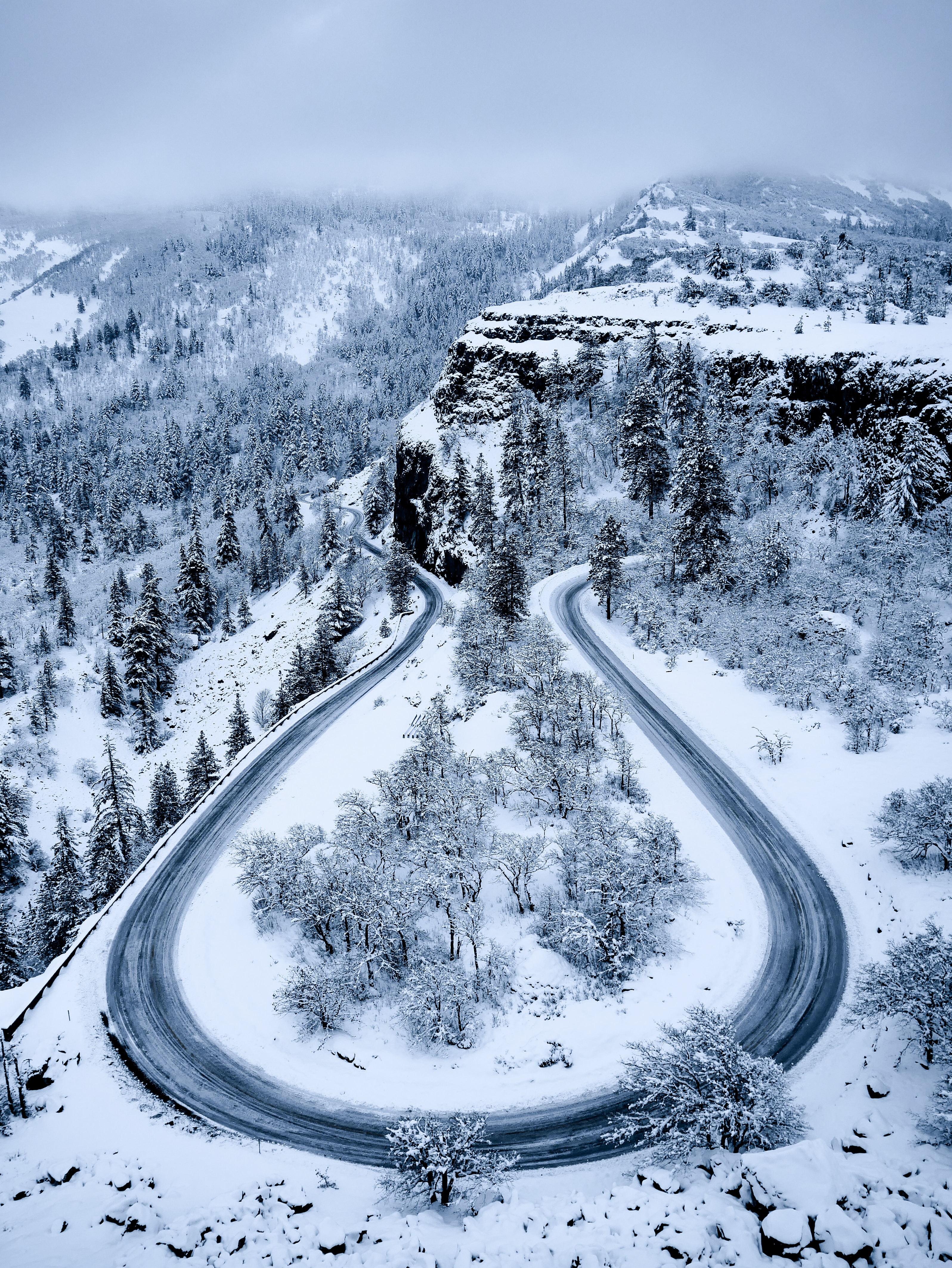 snow, winter, nature, mountains, view from above, road