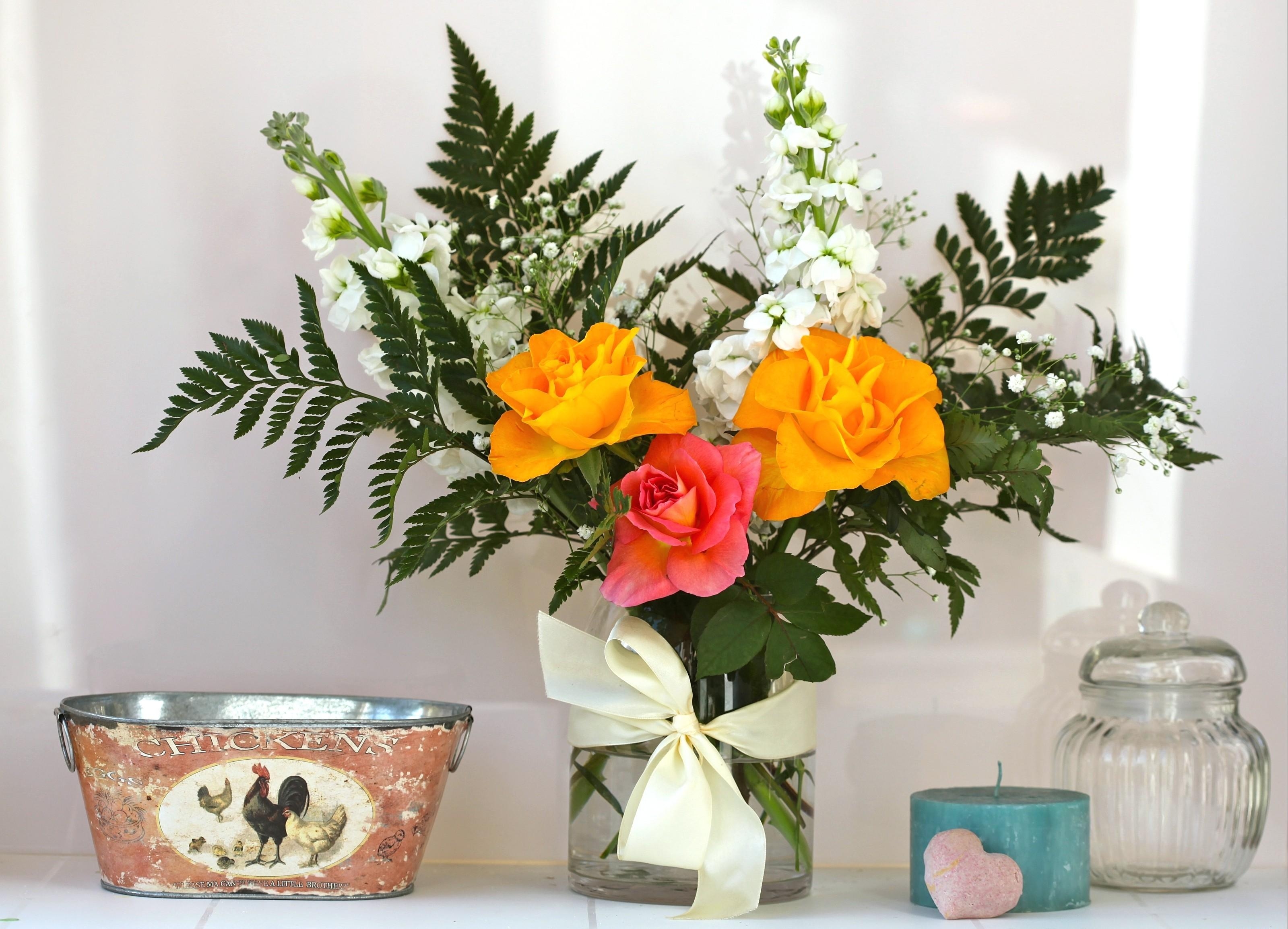 gypsophilus, flowers, roses, leaves, fern, bouquet, gipsophile, bow, vase, composition, candle, jasmine