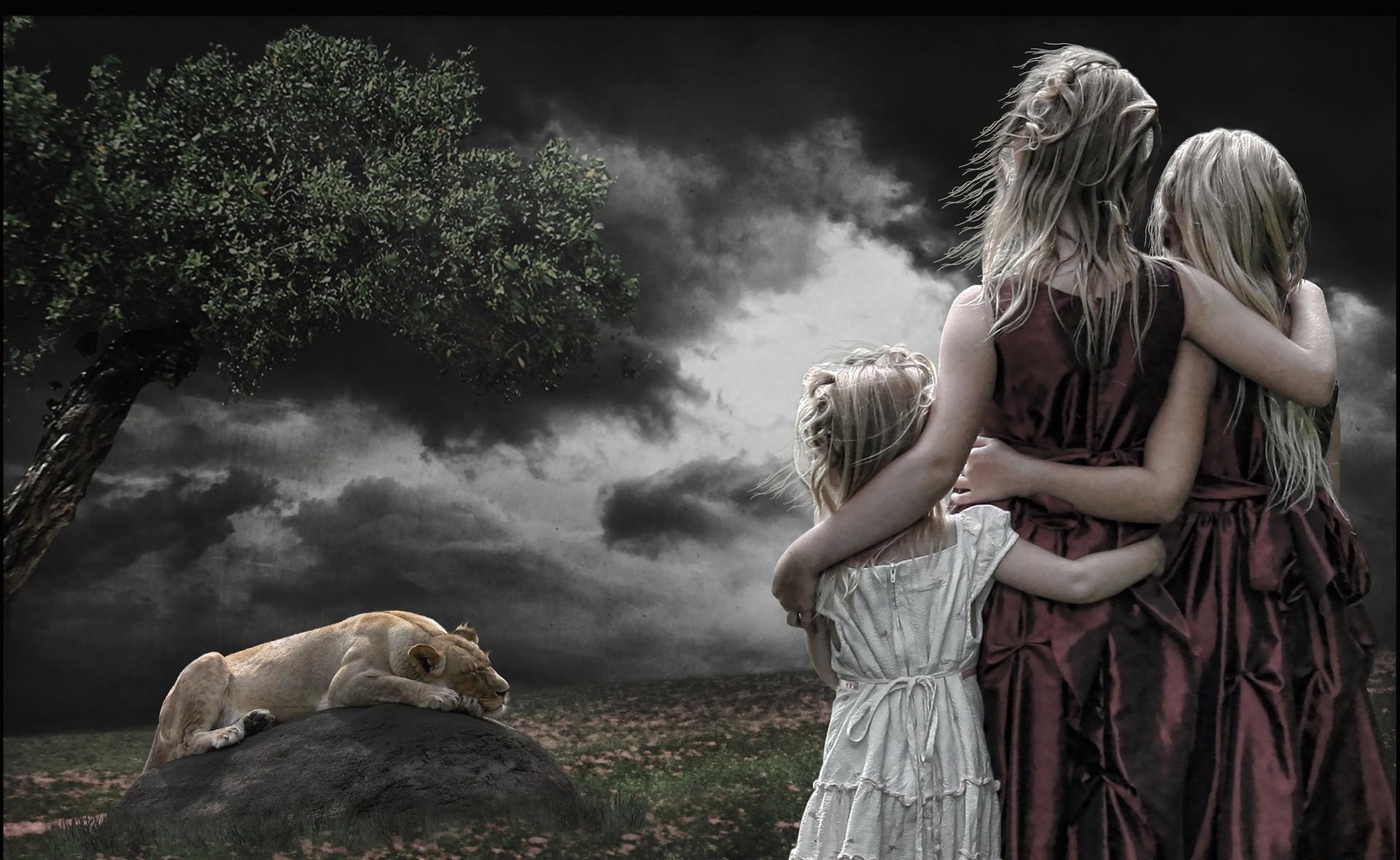 Download mobile wallpaper Girls, Fantasy, Children, Rock, Wood, Tree, Lion, Stone, Mainly Cloudy, Overcast for free.