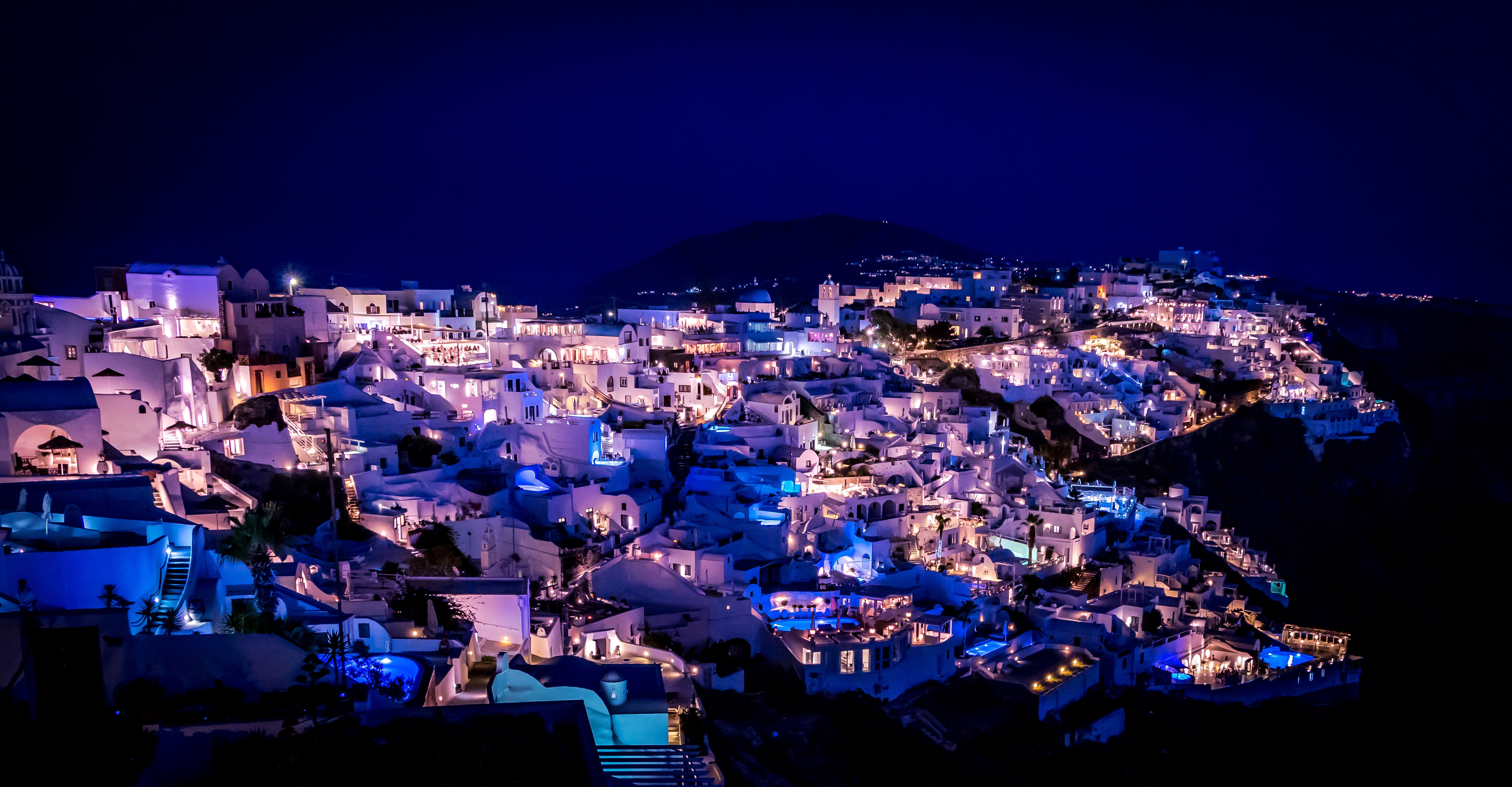 Laden Sie das Städte, Nächtliche Stadt, Night City, Beleuchtung, Griechenland, Santorin, Santorini-Bild kostenlos auf Ihren PC-Desktop herunter