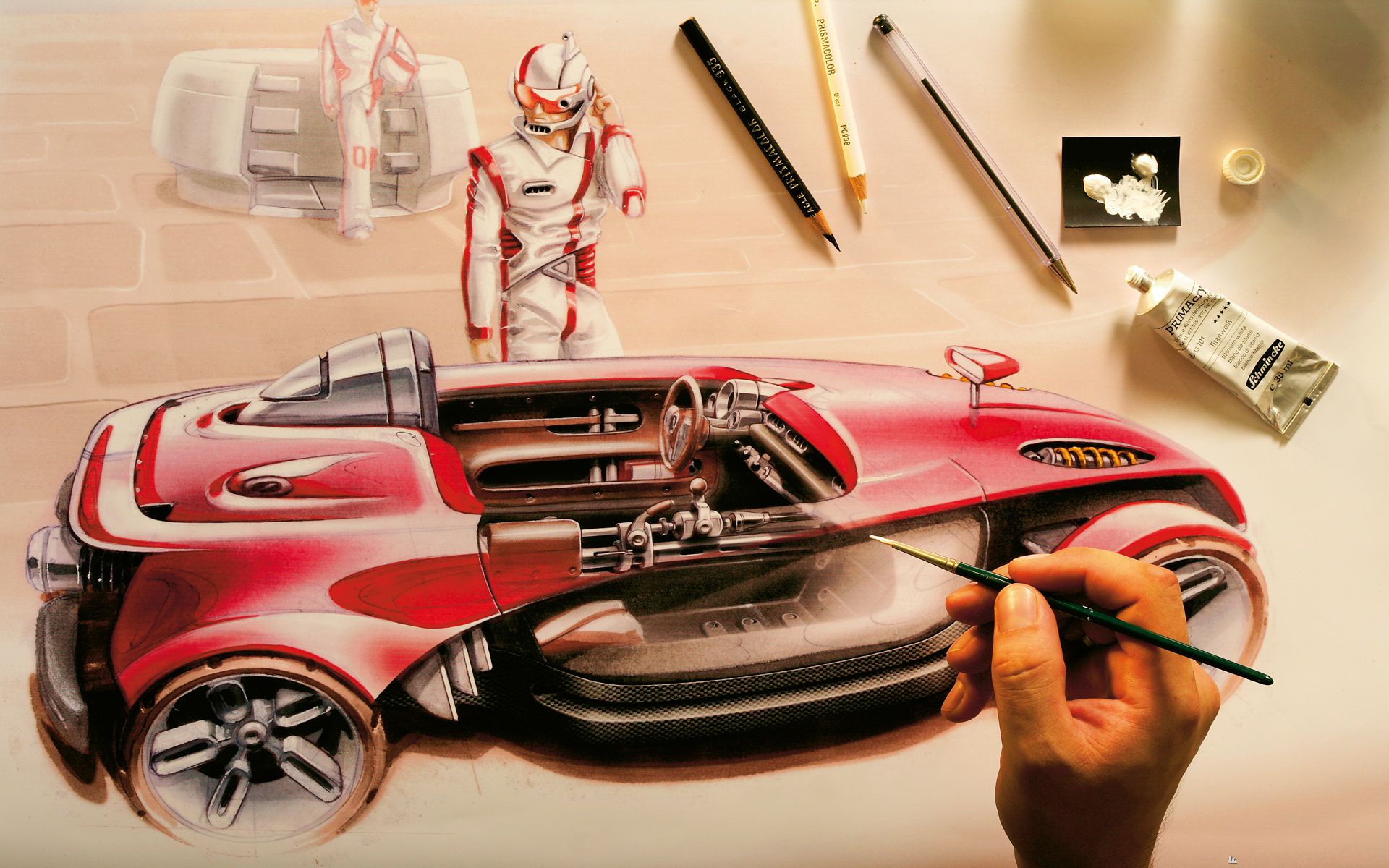 Дизайнер рисует машину