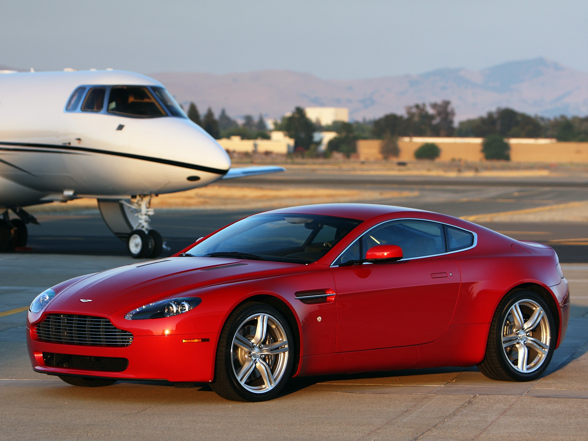 aston martin, plane, cars, red, side view, airplane, style, 2008, v8, vantage