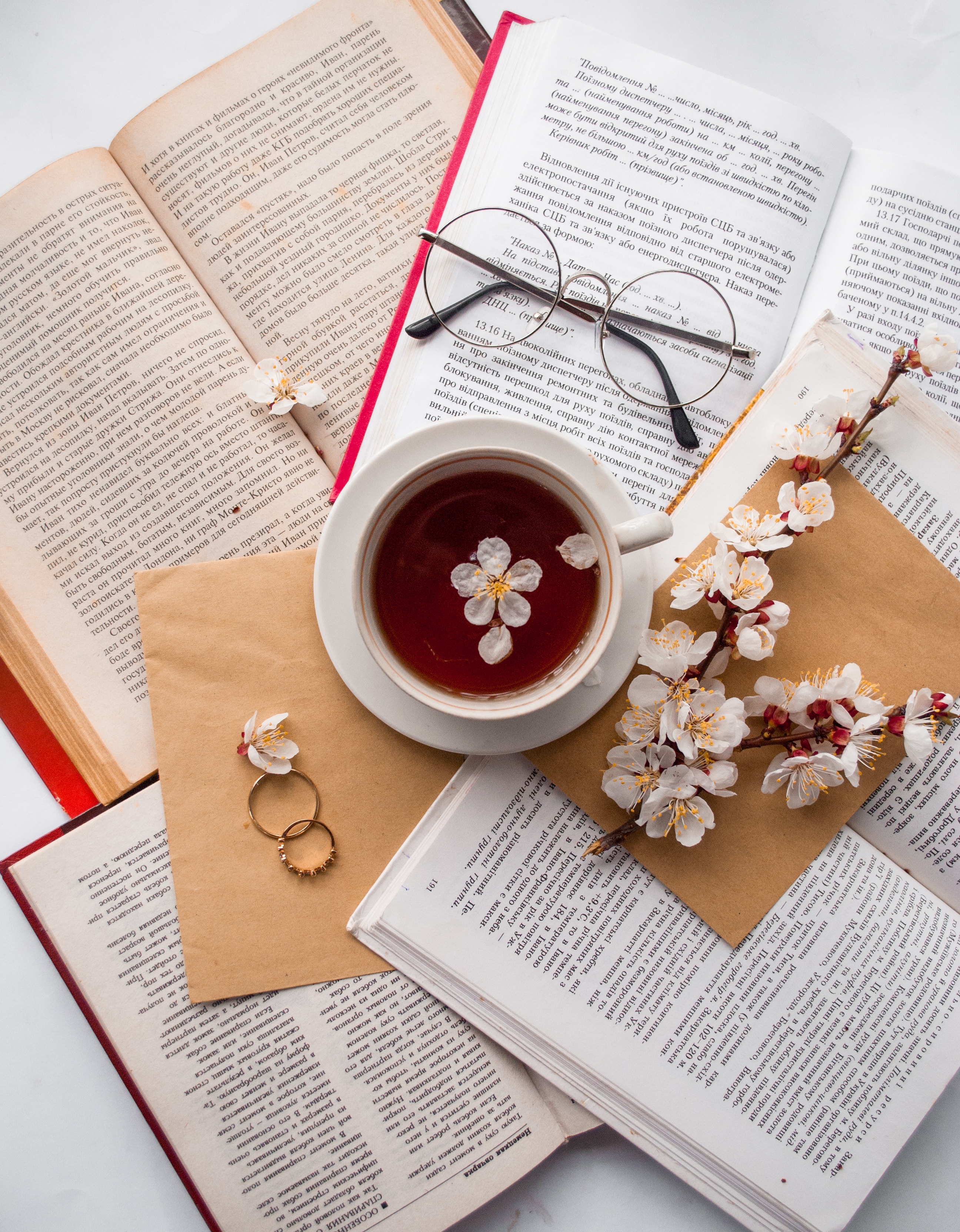 cup, books, flowers, rings, miscellanea, miscellaneous, glasses, spectacles 1080p