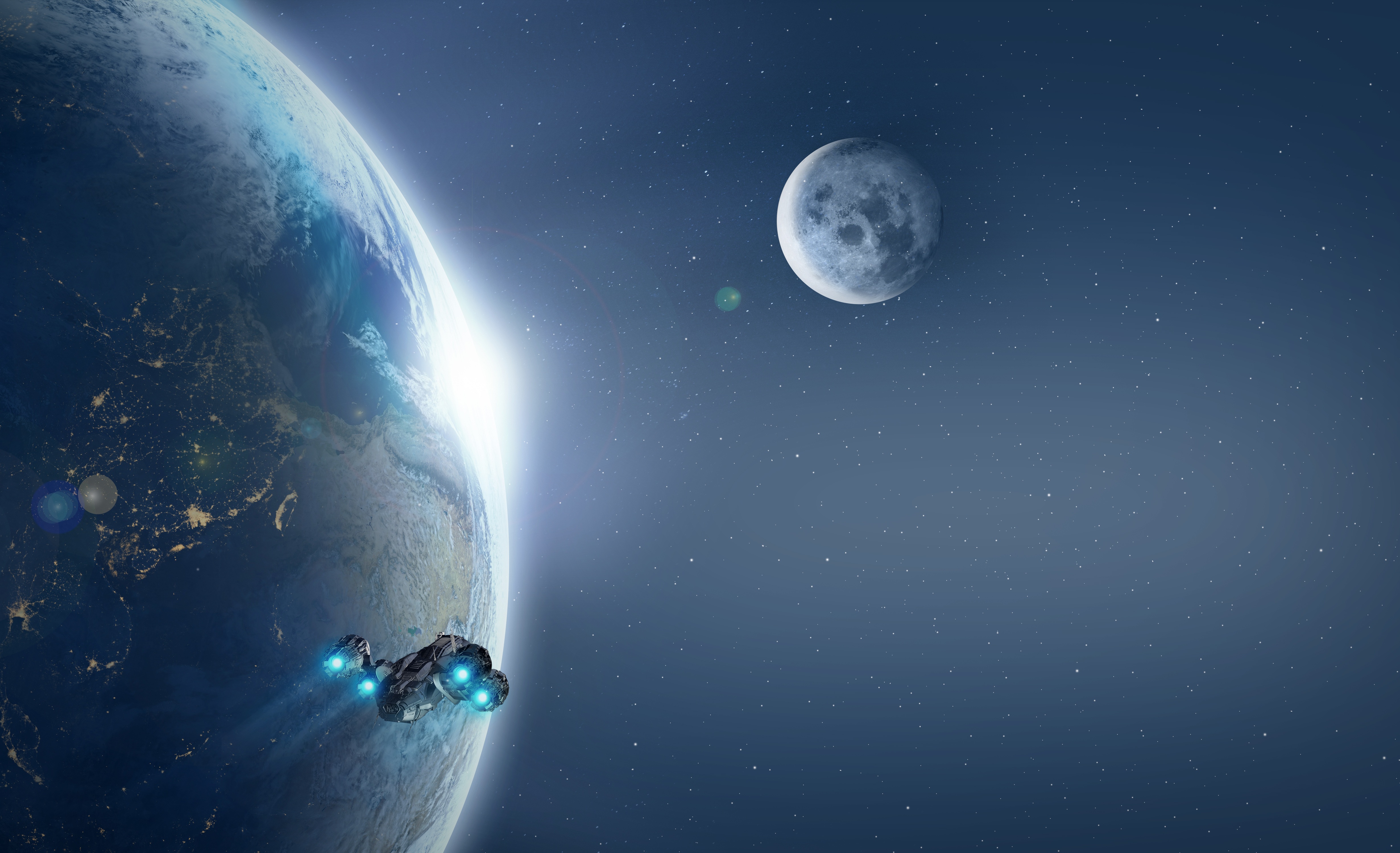Planet spaceship, shining, universe 8k Backgrounds