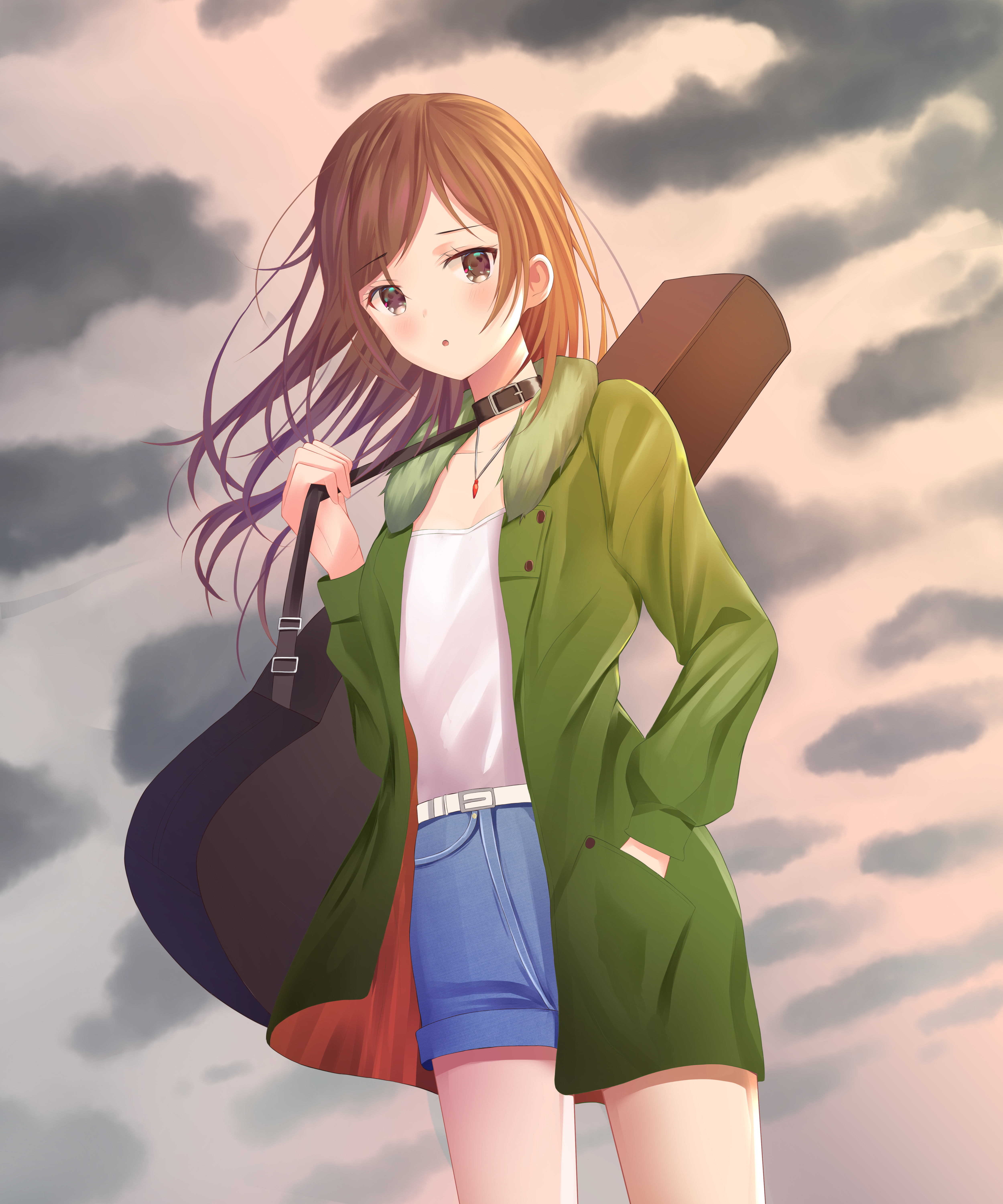 girl, anime, clouds, guitar, case, sheath