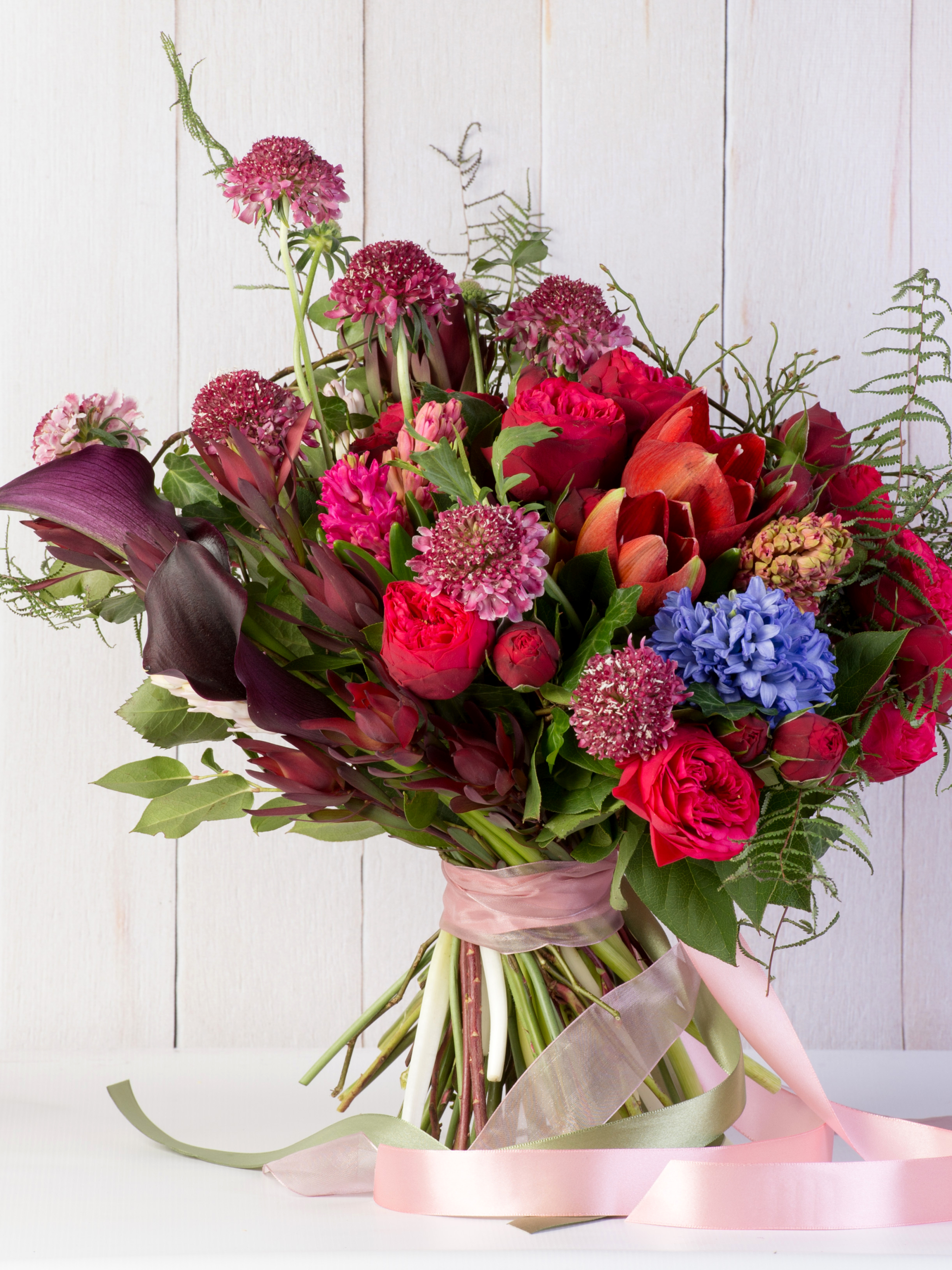 bouquet, man made, flower, red flower, tulip, rose, ribbon, calla, hyacinth UHD