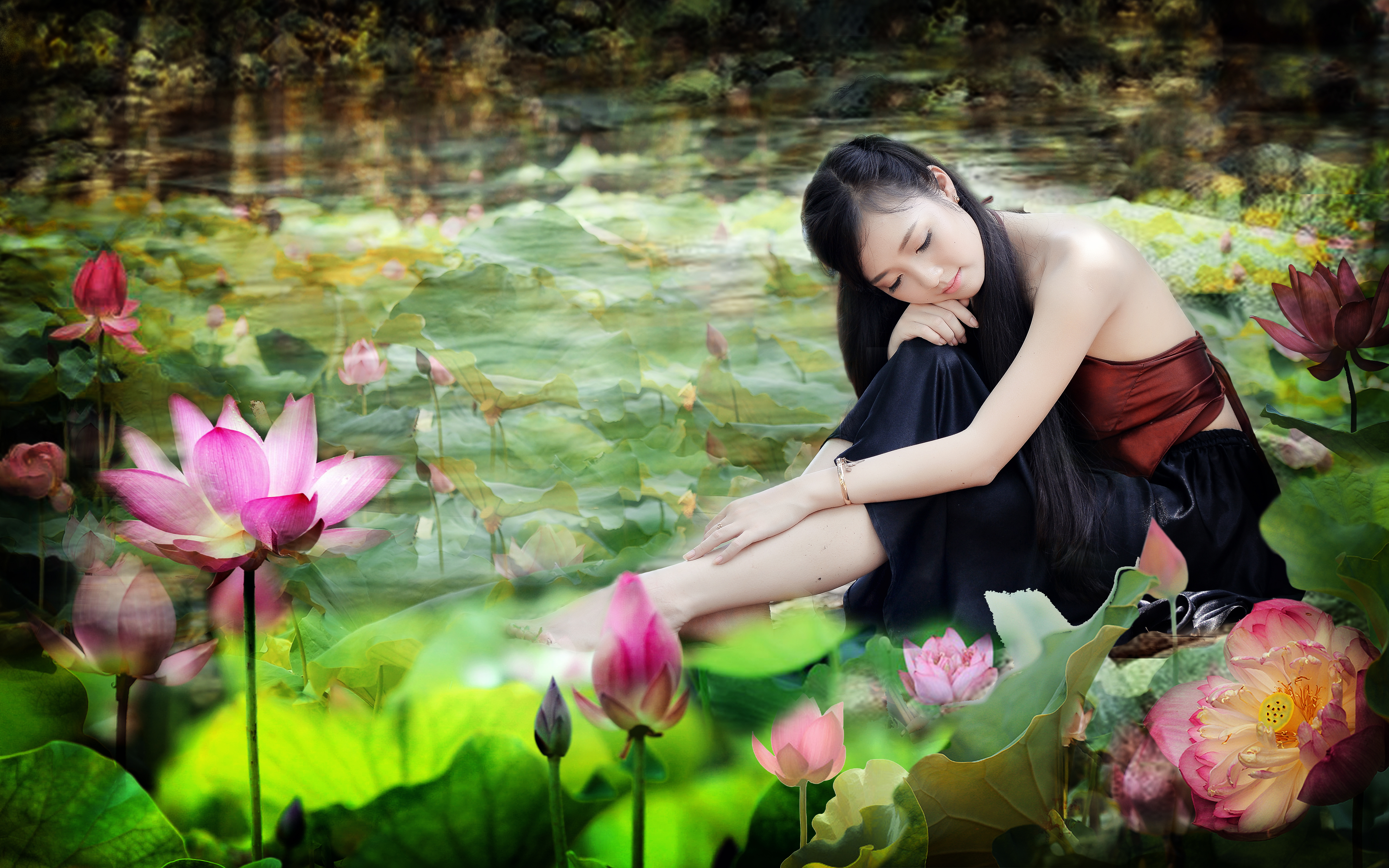 flower, pond, women, asian, lotus, vietnamese HD wallpaper