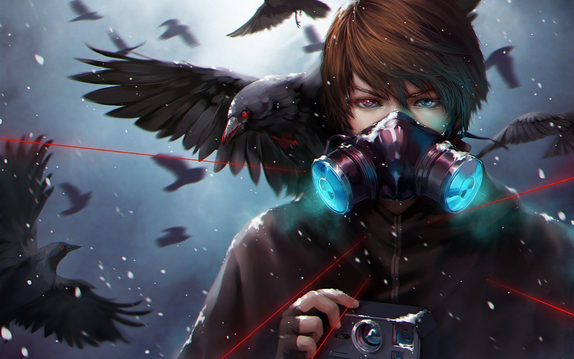 gas mask, camera, anime, boy, bird, blood, blue eyes, brown hair, crow, laser wallpapers for tablet