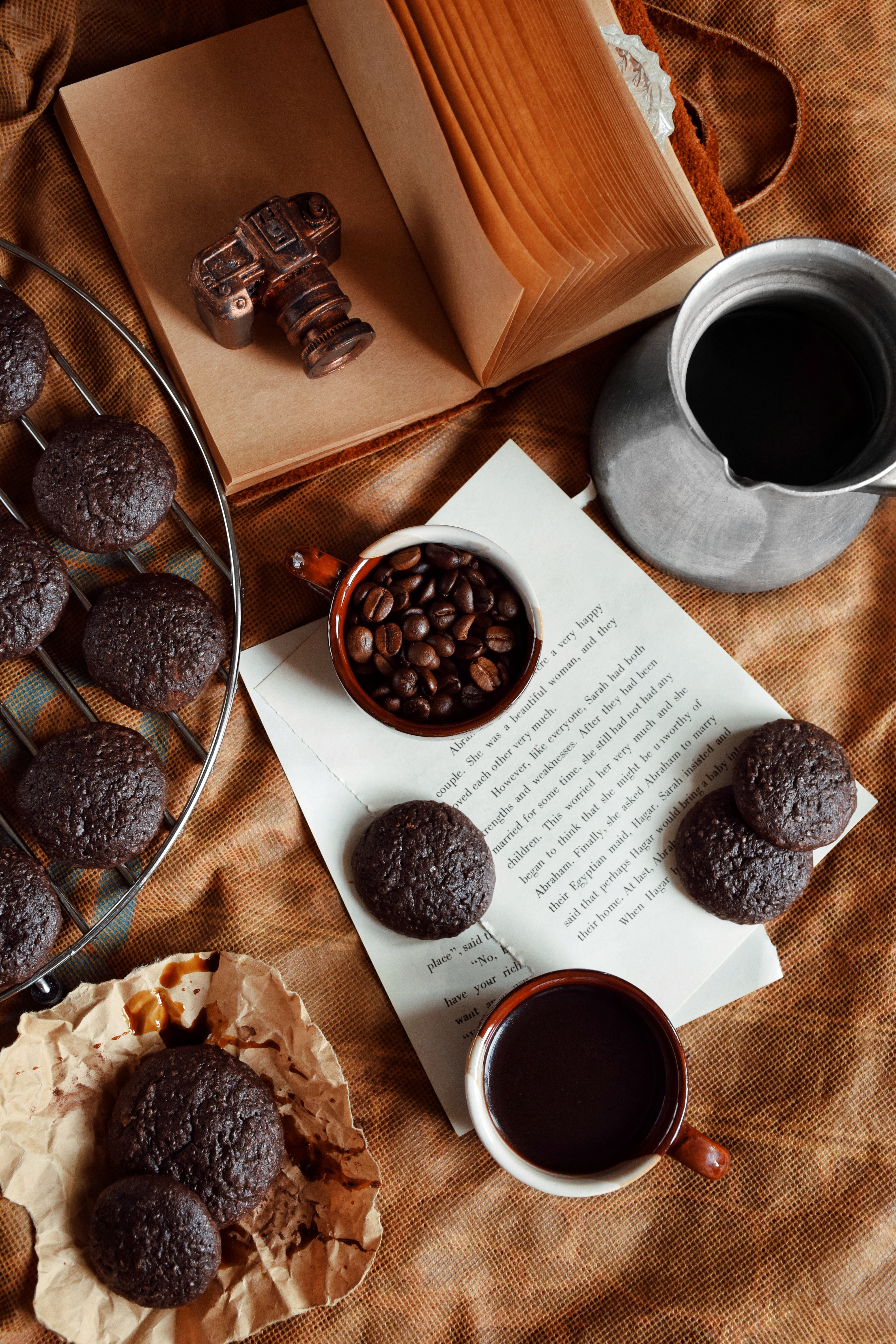 cup, cookies, food, coffee, book Full HD