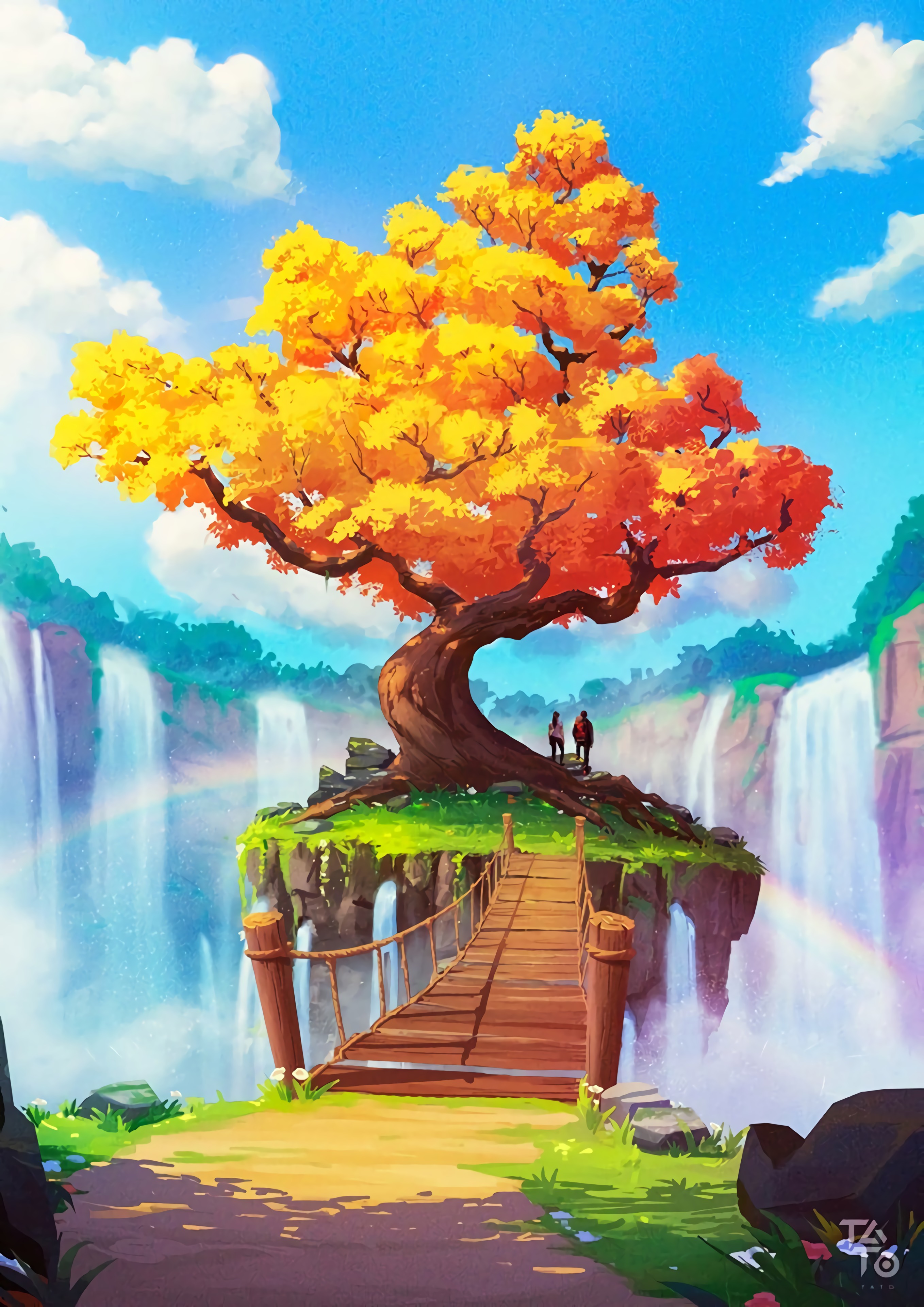 waterfall, art, wood, tree, break, precipice, bridge download HD wallpaper