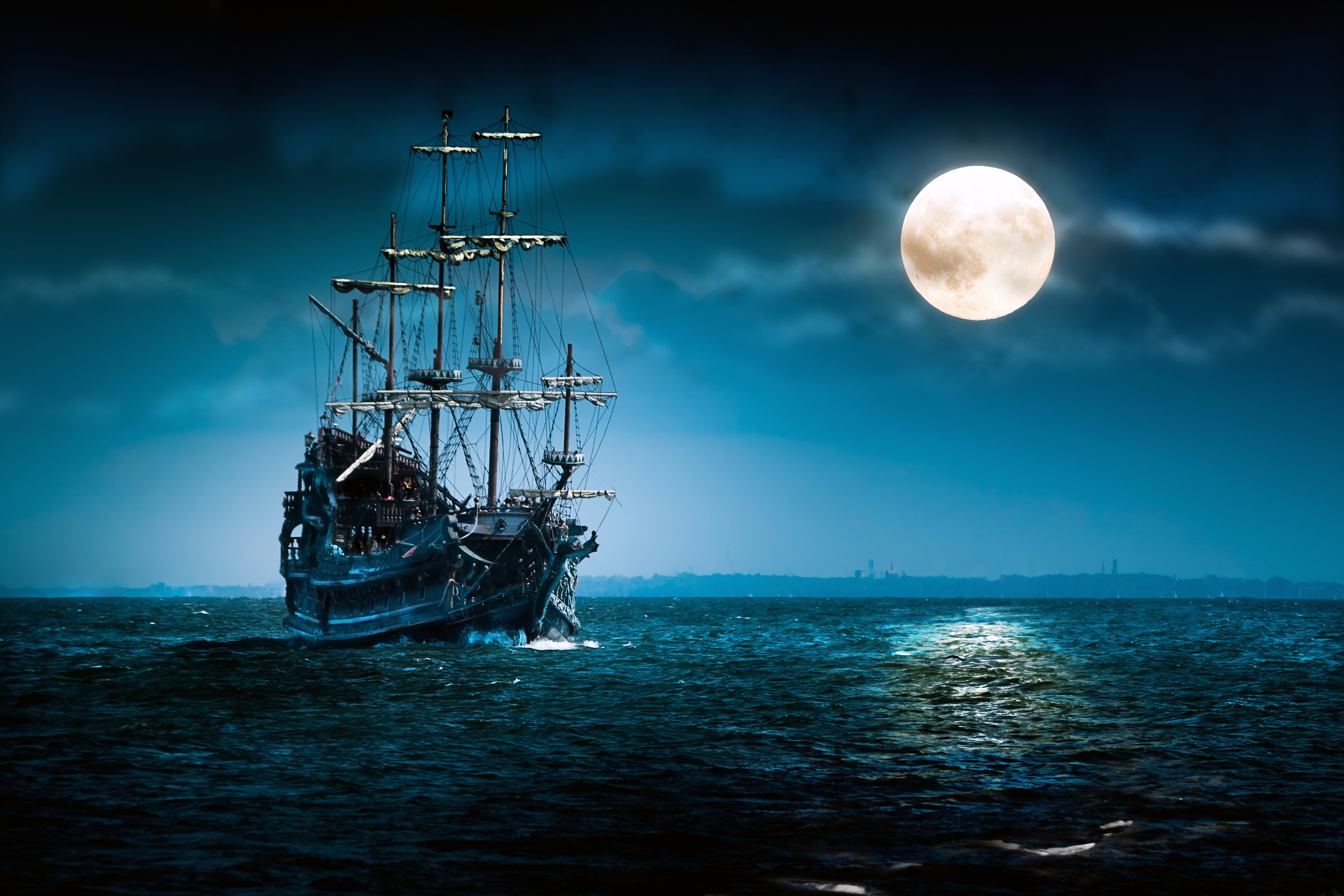 ship, night, fantasy, moon, sailboat