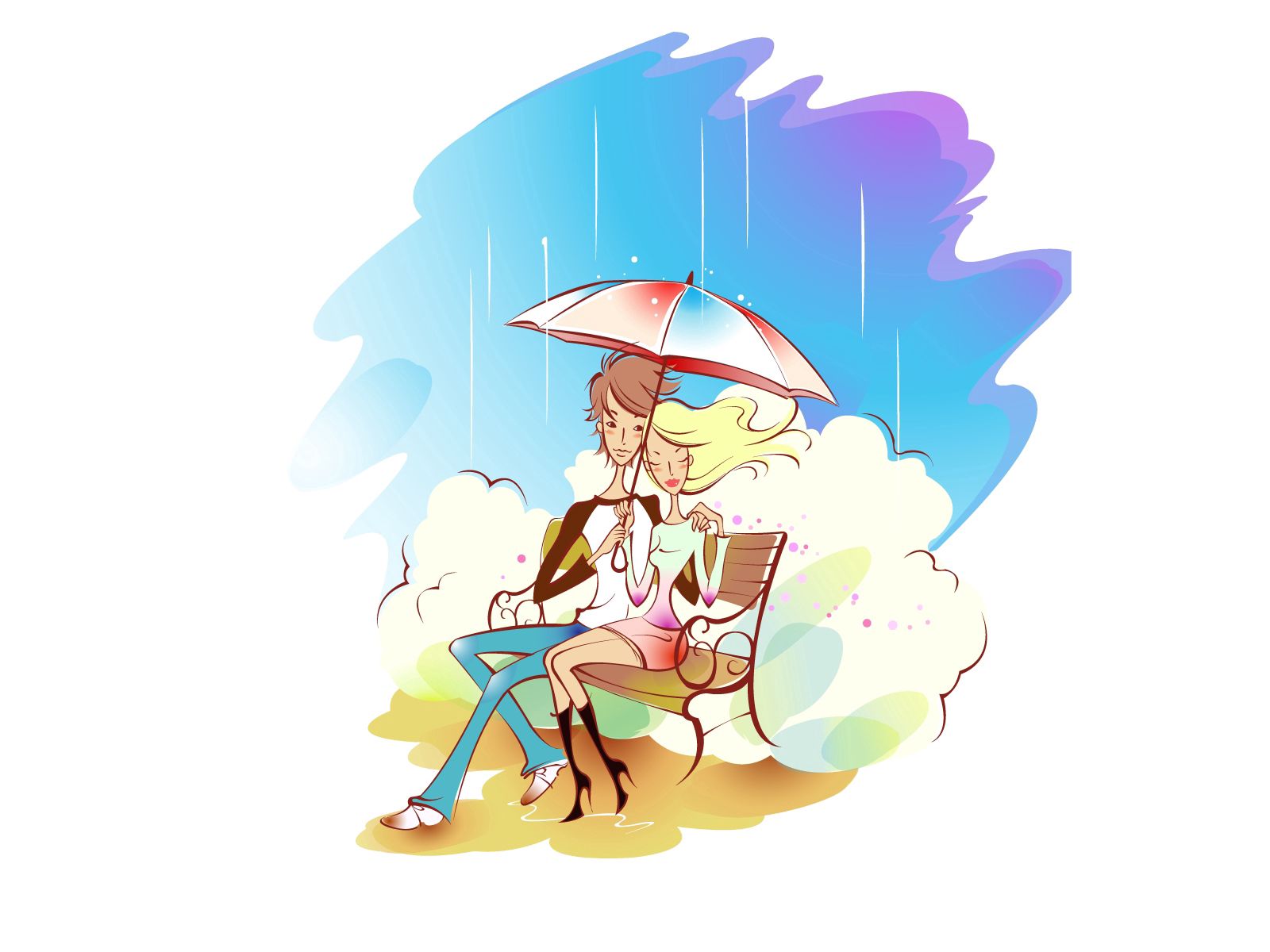 art, rain, love, couple, pair, picture, drawing, bench, umbrella Full HD