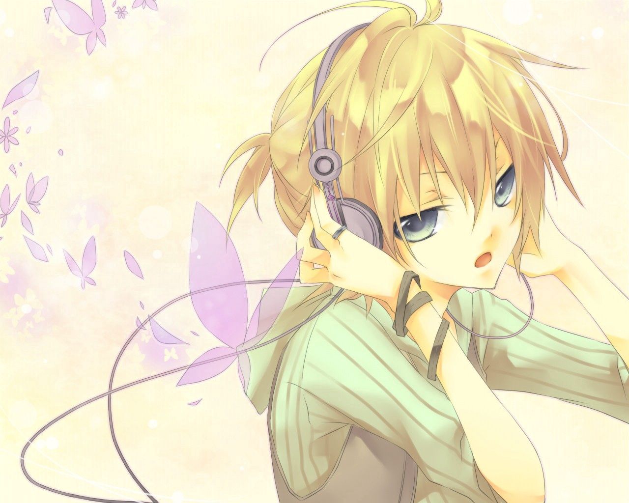 QHD wallpaper anime, headphones, butterfly, girl