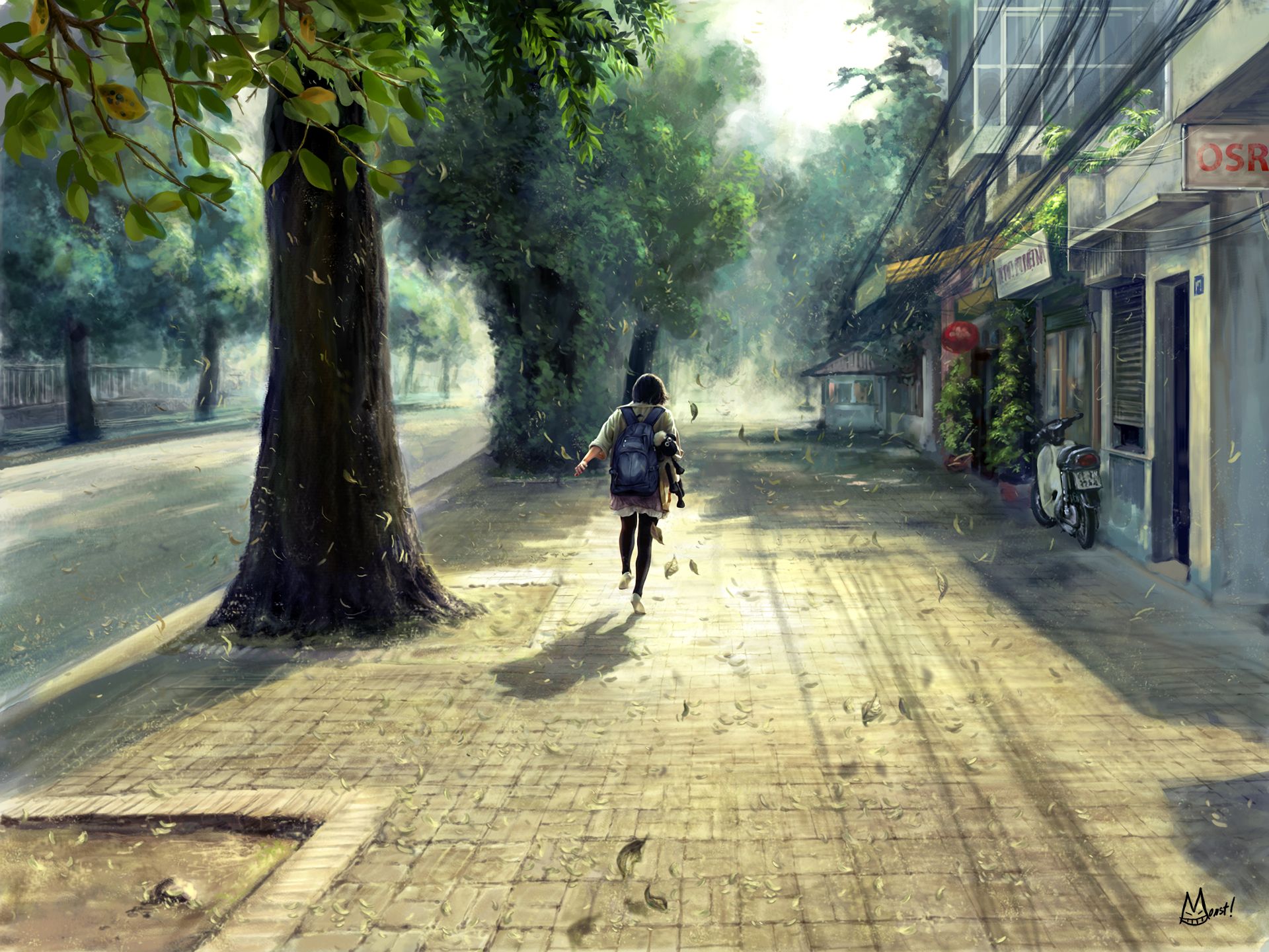 android anime, tree, running, street, backpack, wind