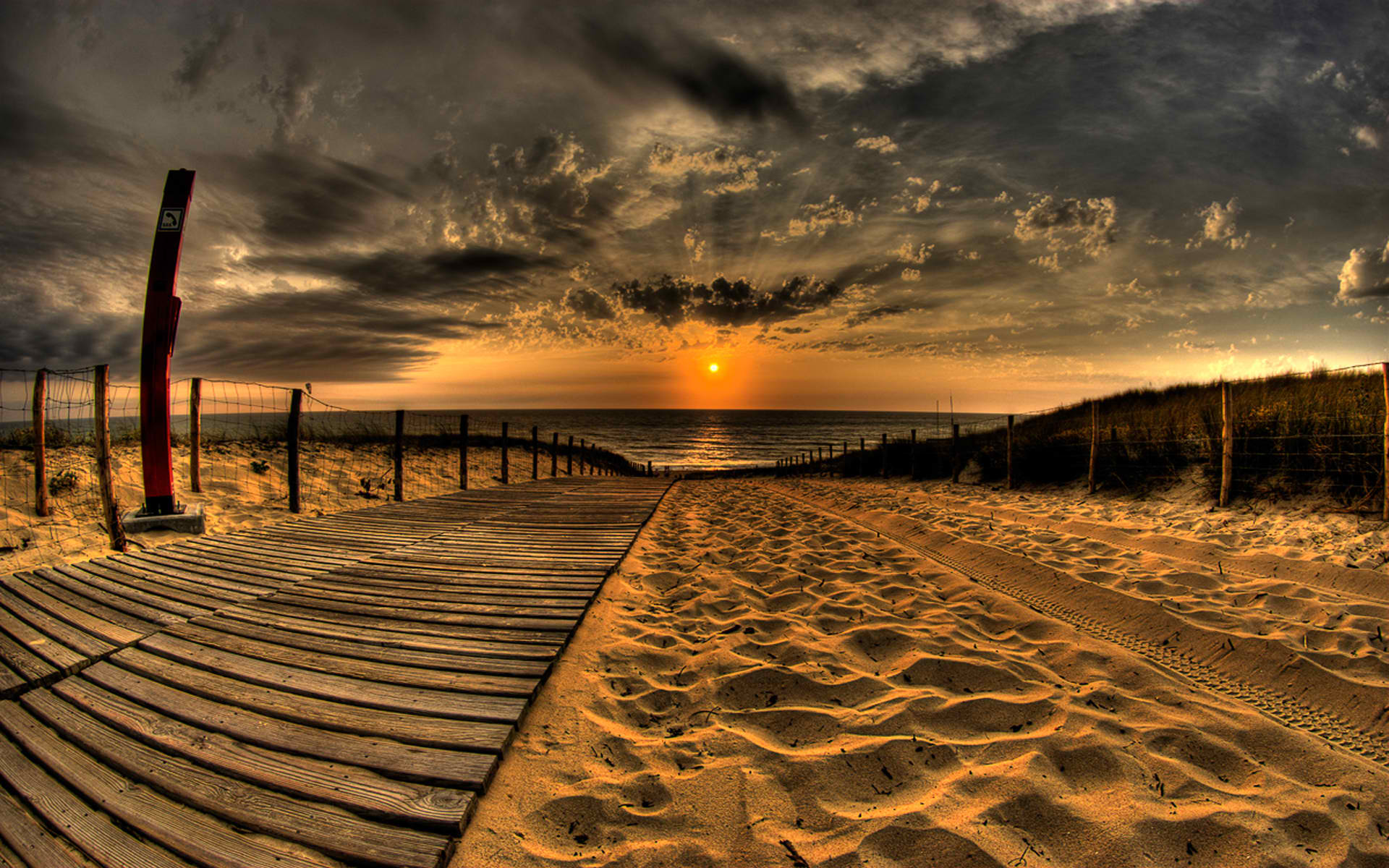 sunset, photography, sun, cloud, beach, sand, water, earth, fence HD wallpaper