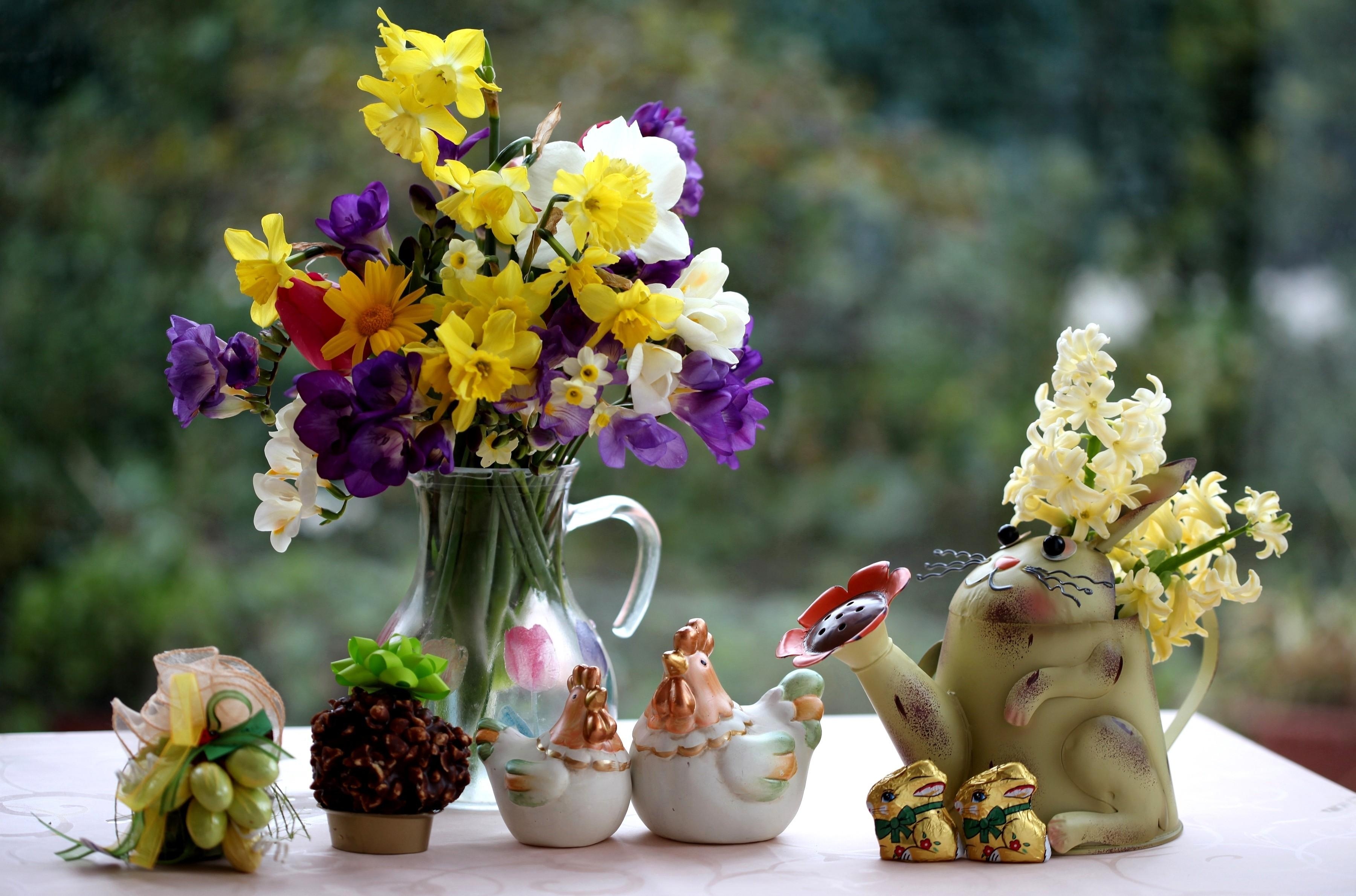 chicken, rabbits, bouquet, narcissussi HD Wallpaper for Phone
