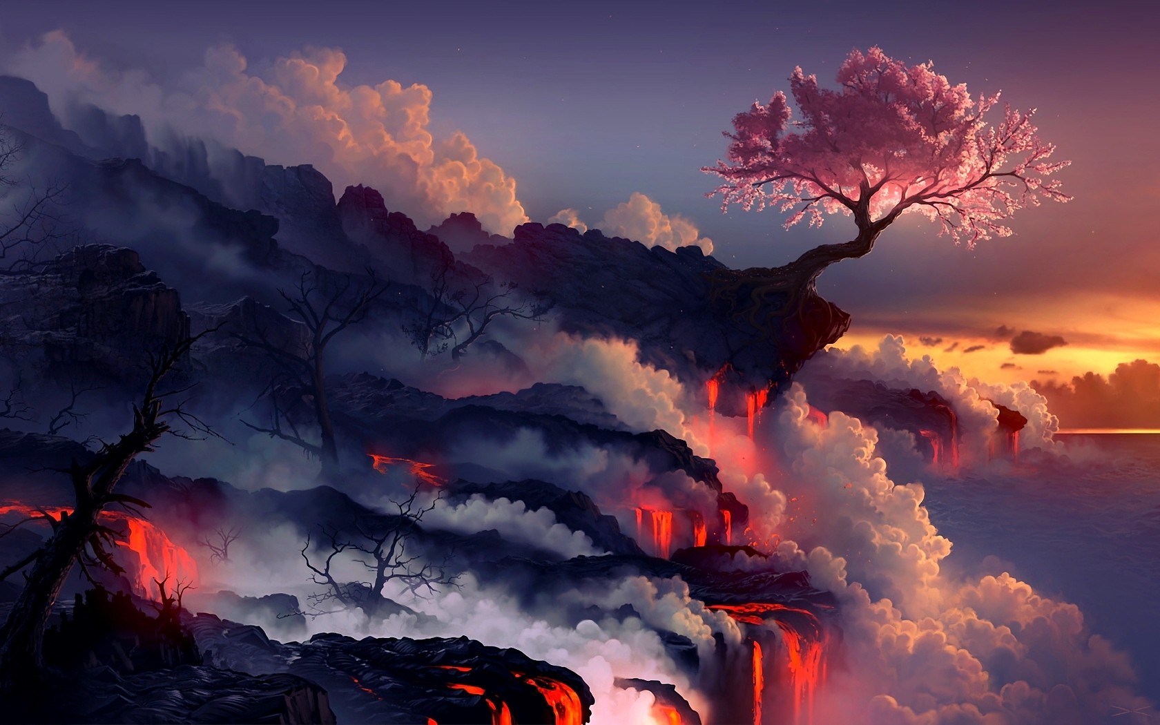 sakura, landscape, sunset, asia HD wallpaper