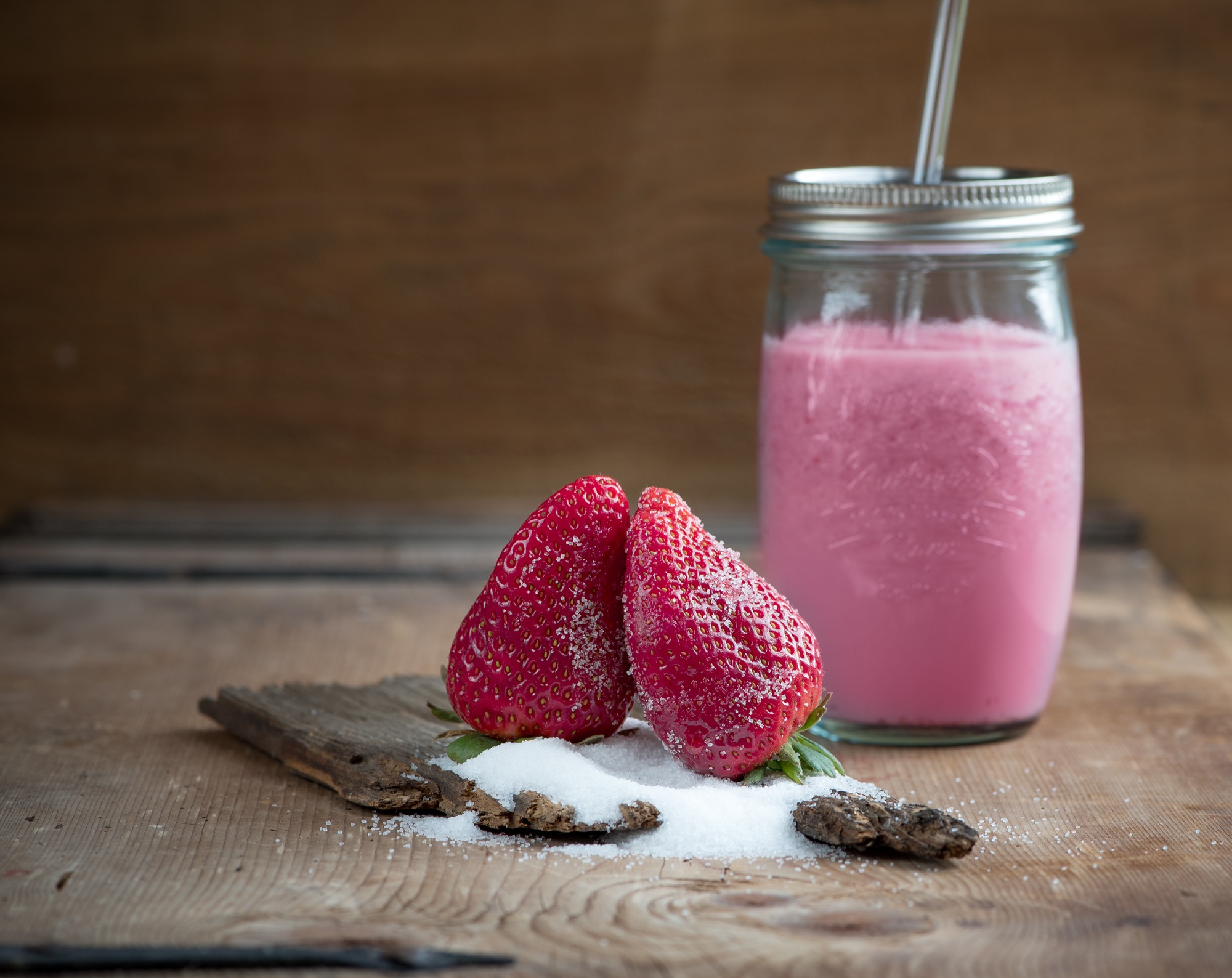 Strawberry sugar, food, milk 8k Backgrounds