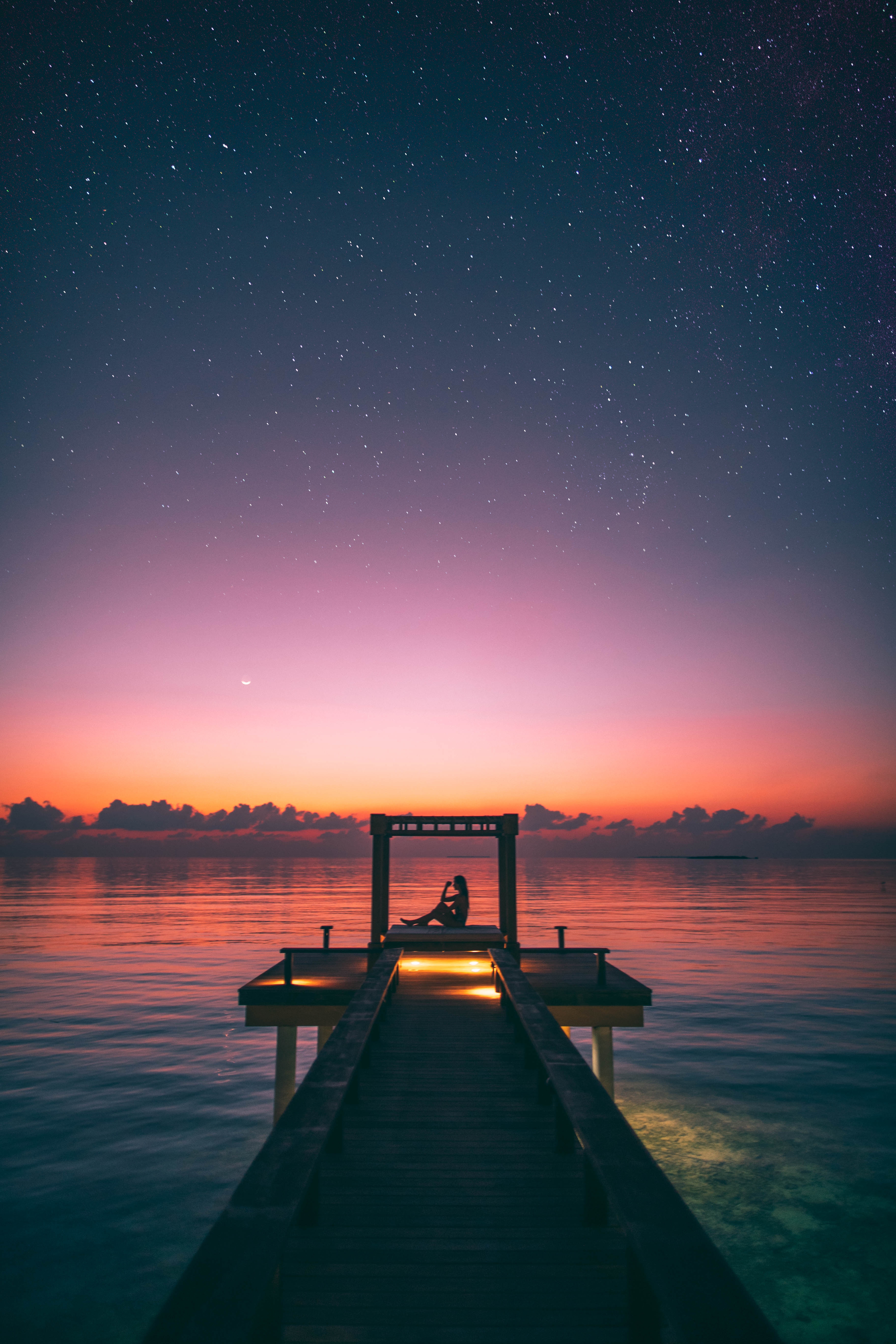 pier, loneliness, twilight, dark, silhouette, starry sky, dusk phone wallpaper