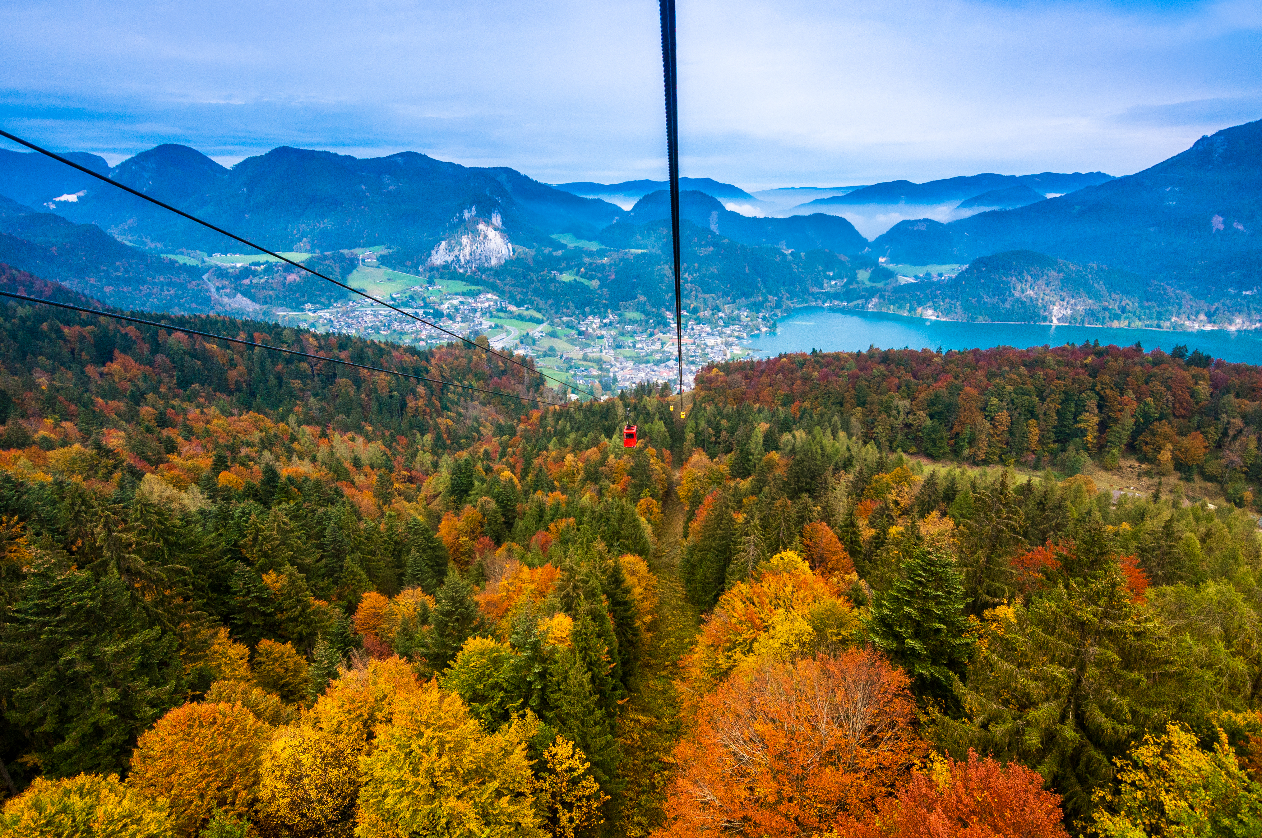 autumn, nature, trees, mountains, view from above, cable car, cableway HD wallpaper