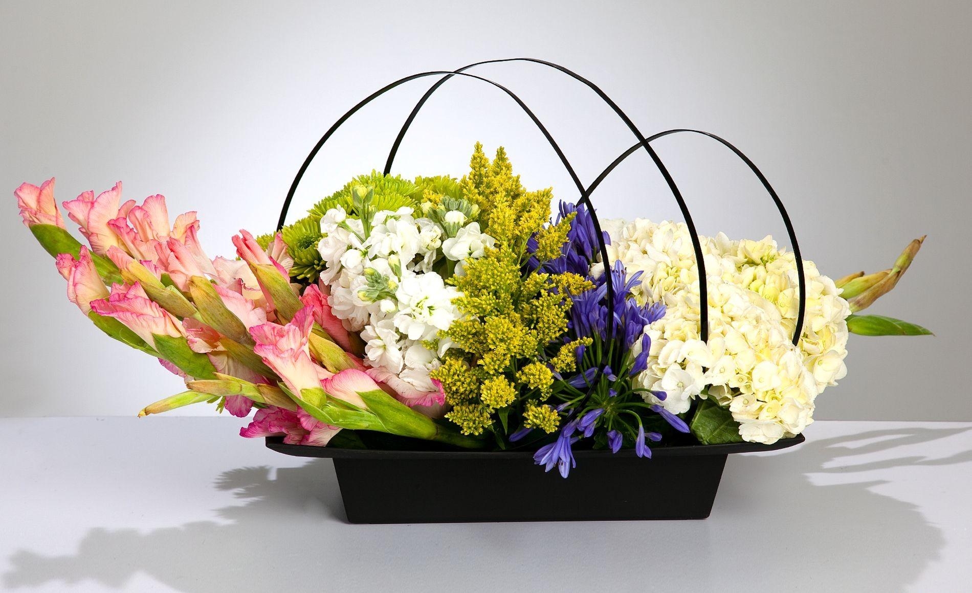flowers, gladiolus, basket, composition, hydrangea, freesia