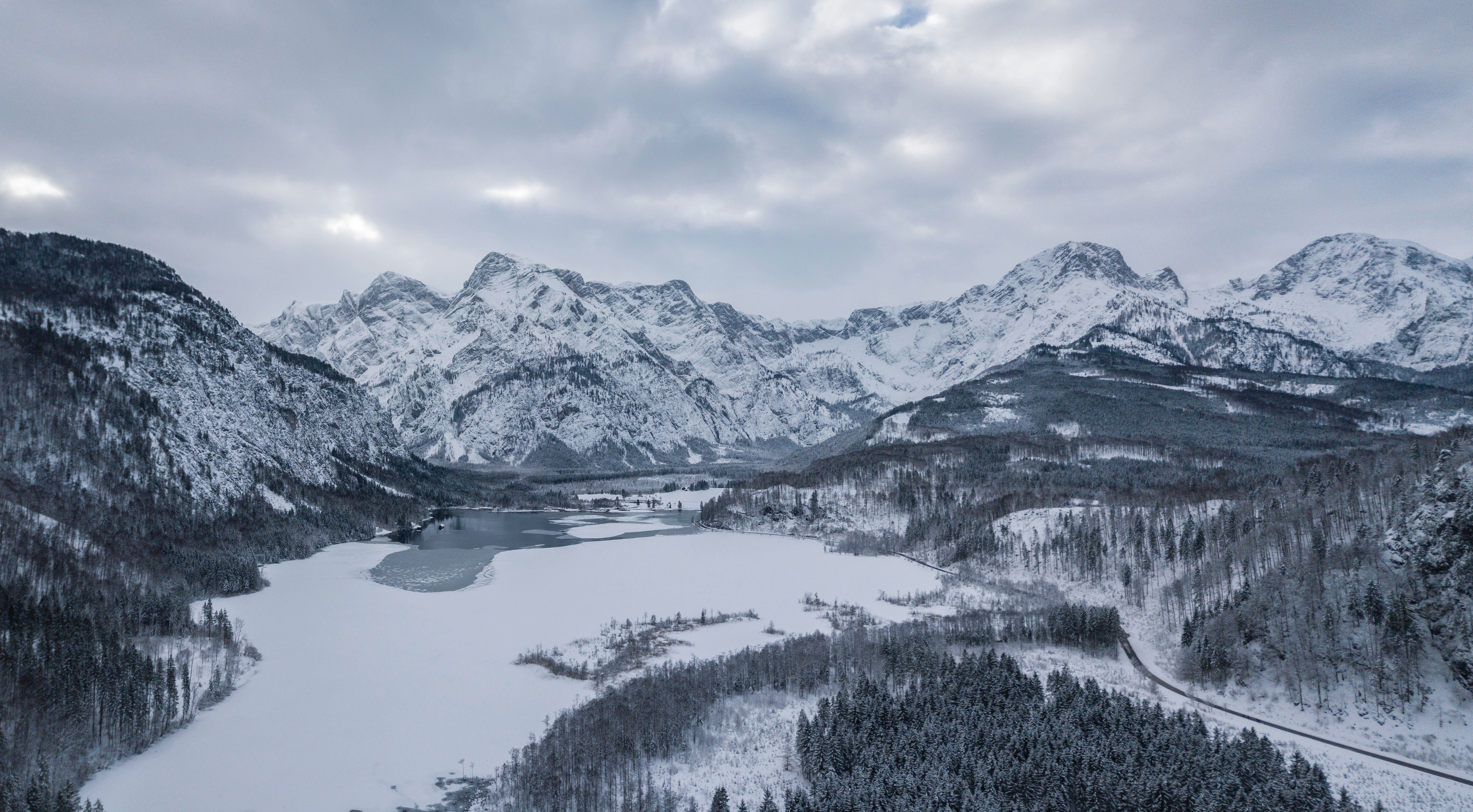 austria, mountains, snow, winter, nature, lake, almsee