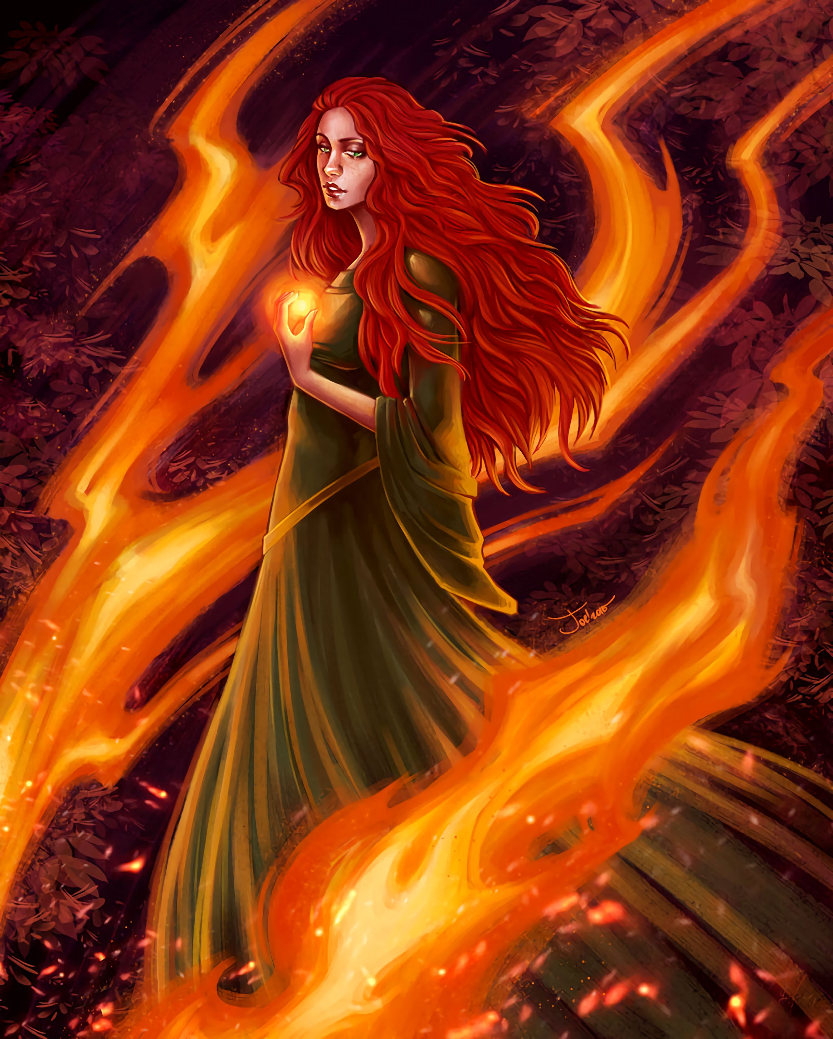 iPhone Wallpapers redhead, art, flame, fire Dress