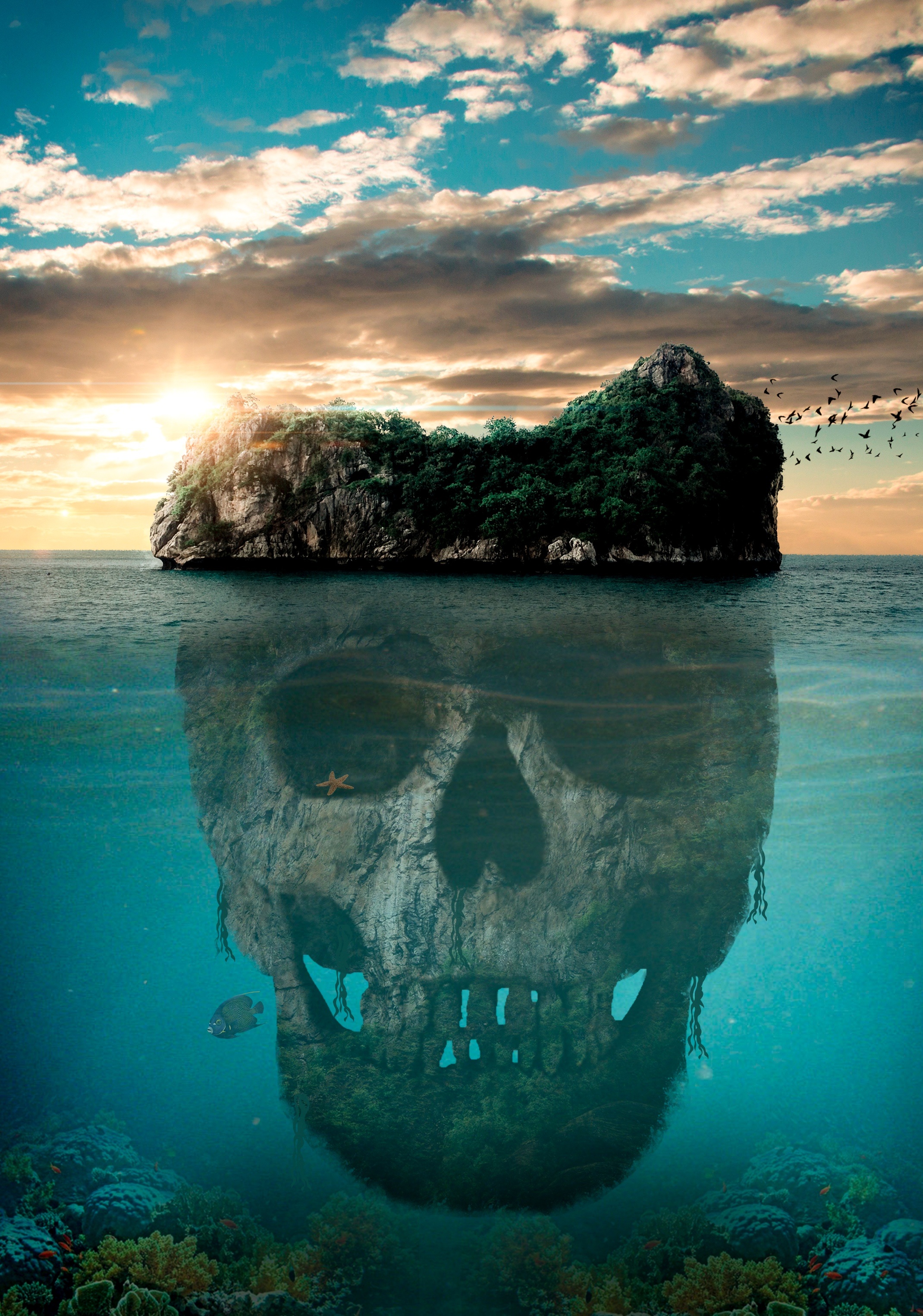 54318 download wallpaper fantasy, skull, mystic, ocean, island, mysterious, mystical screensavers and pictures for free