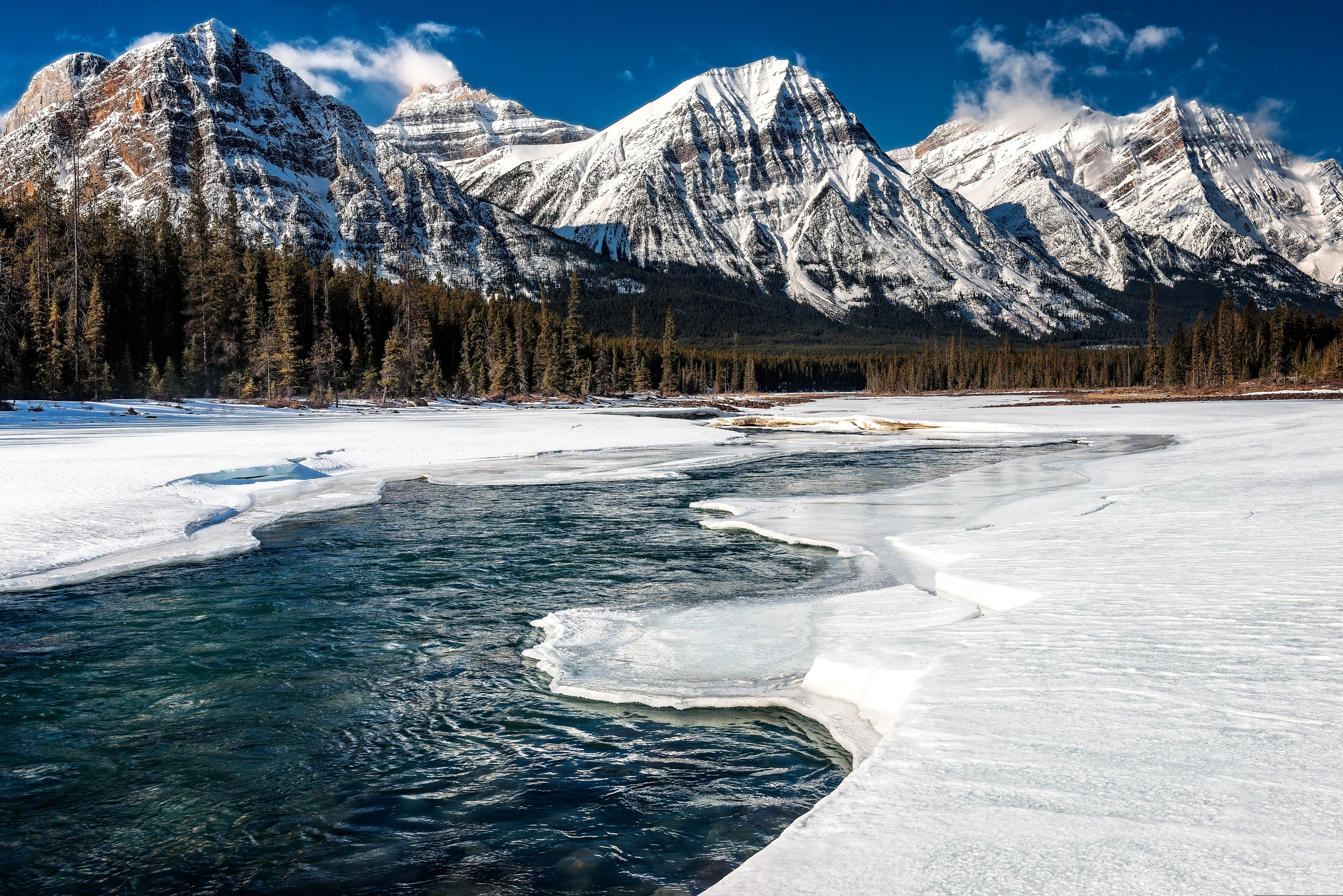 wallpapers earth, mountain, alberta, canada, forest, ice, landscape, nature, river, snow, winter, mountains
